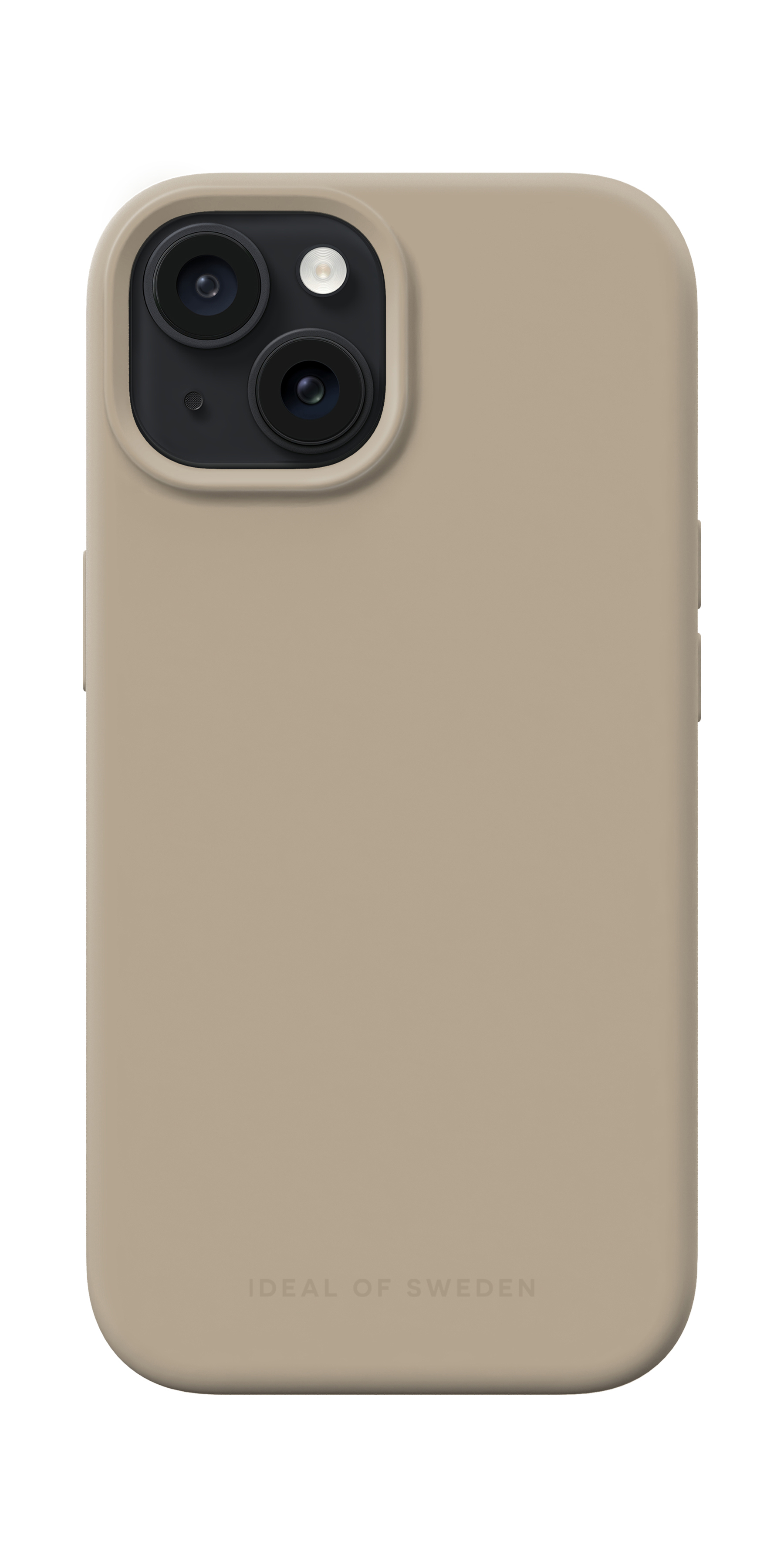 Beige Handyhülle mit Dual-Kamera-Ausschnitt und Markenname. Auf weißem Hintergrund.