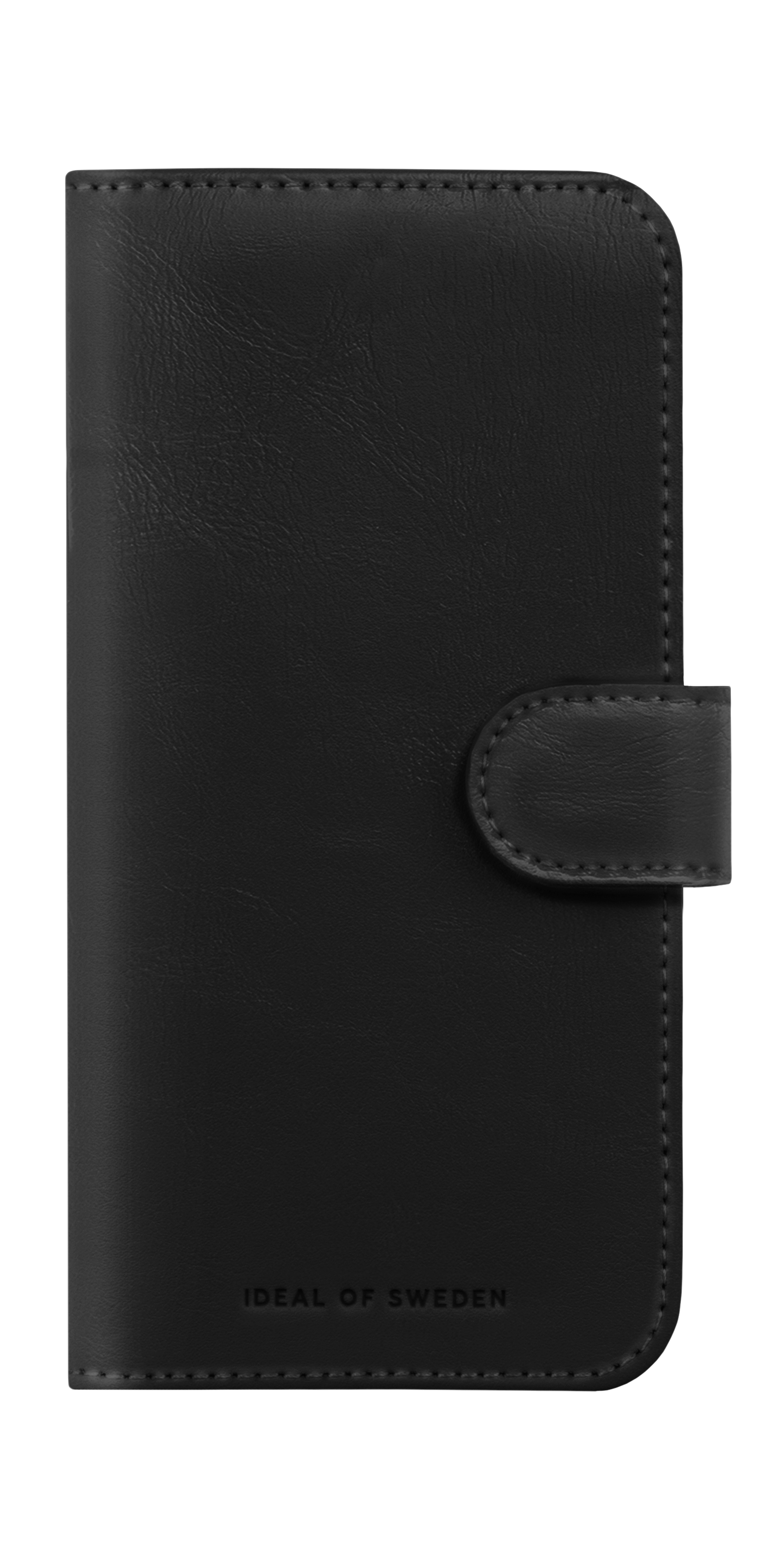 Schwarze Leder-Handyhülle mit Schnappverschluss, Markenname sichtbar.