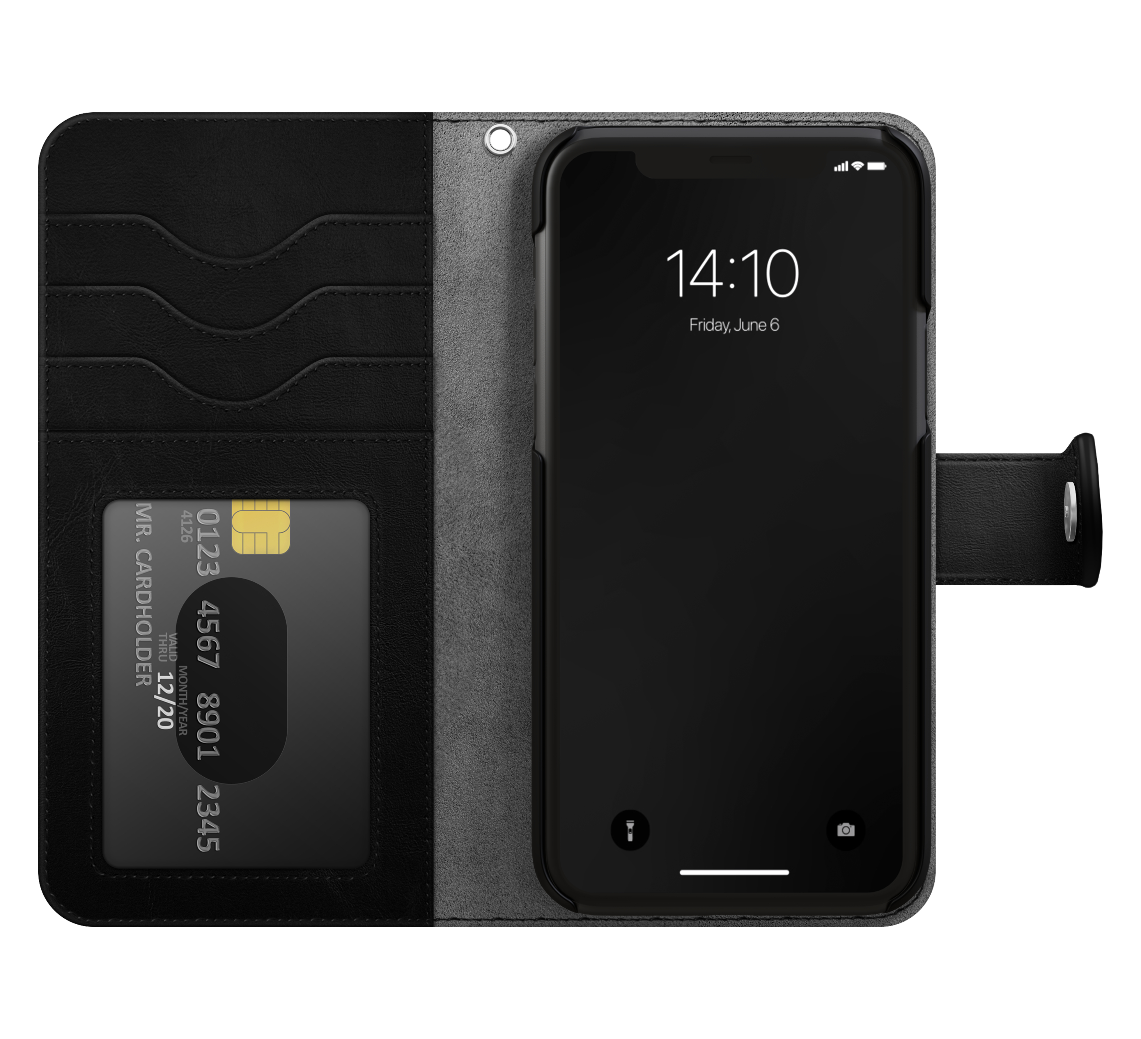 Geöffnete schwarze Handyhülle mit einem iPhone darin. Die Hülle hat Kartenfächer und einen Magnetverschluss.