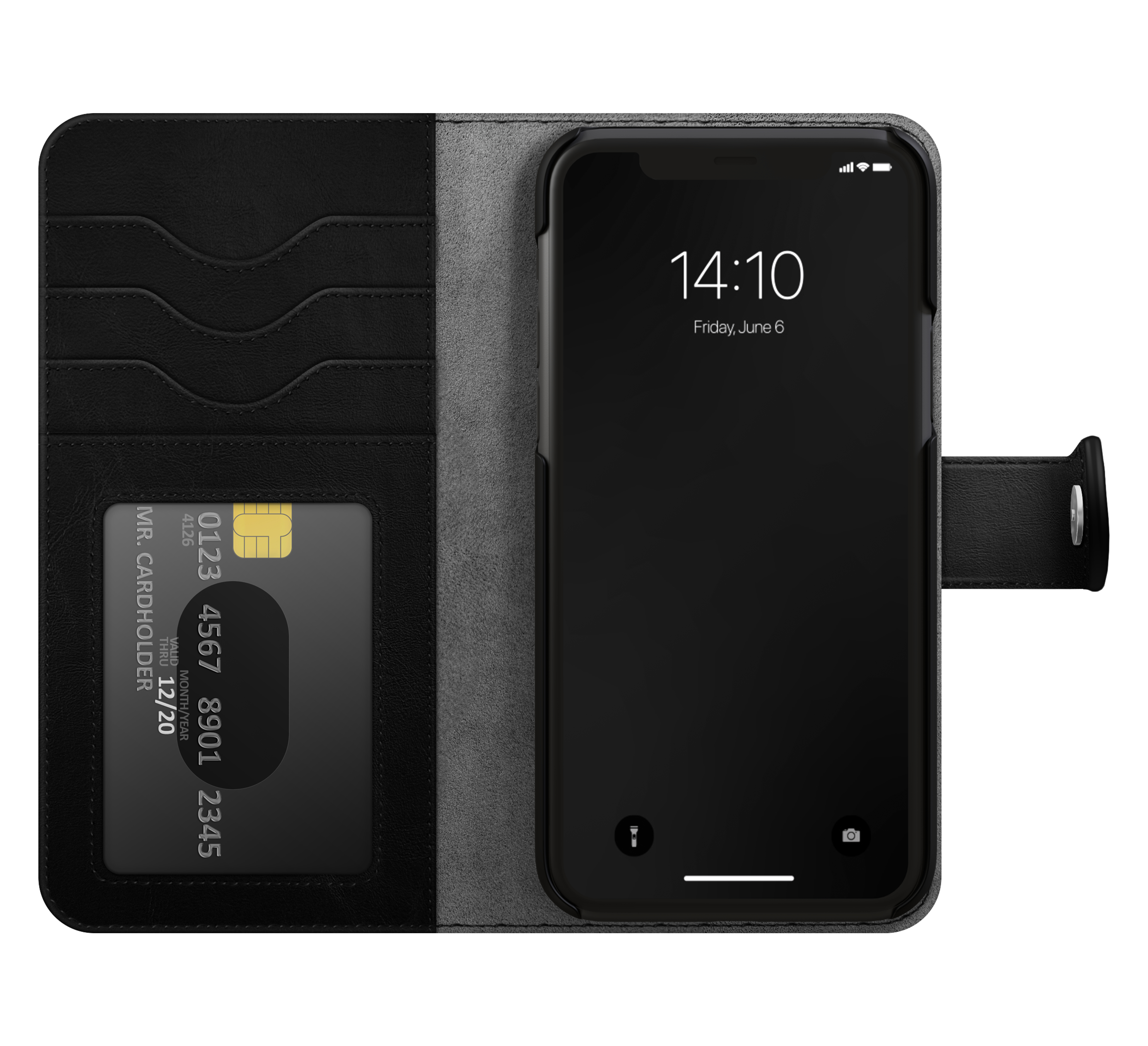 Schwarze Leder-Wallet-Hülle offen, zeigt ein Telefon mit angezeigter Uhrzeit und eine Kreditkarte.