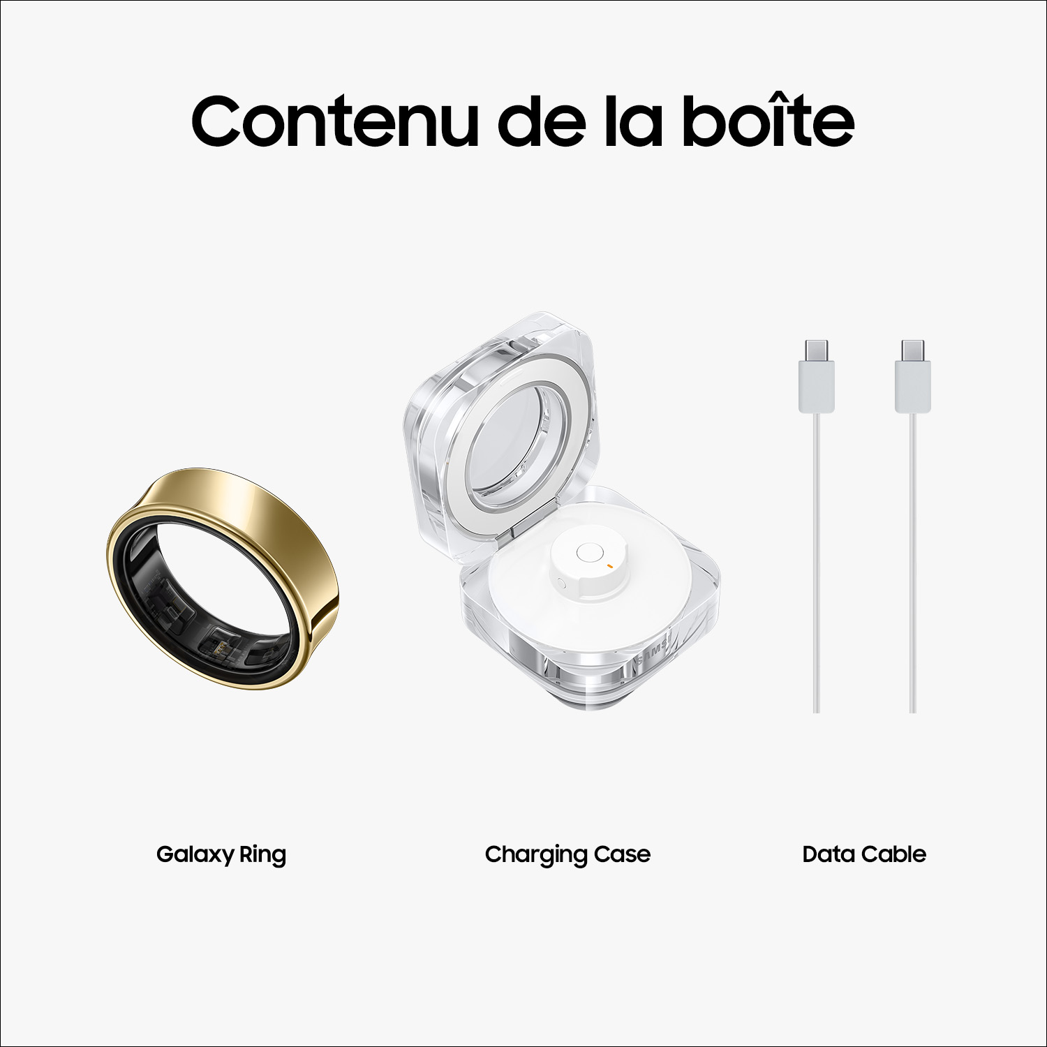 Contenu de la boîte : une bague dorée, un étui de chargement et deux câbles de données.