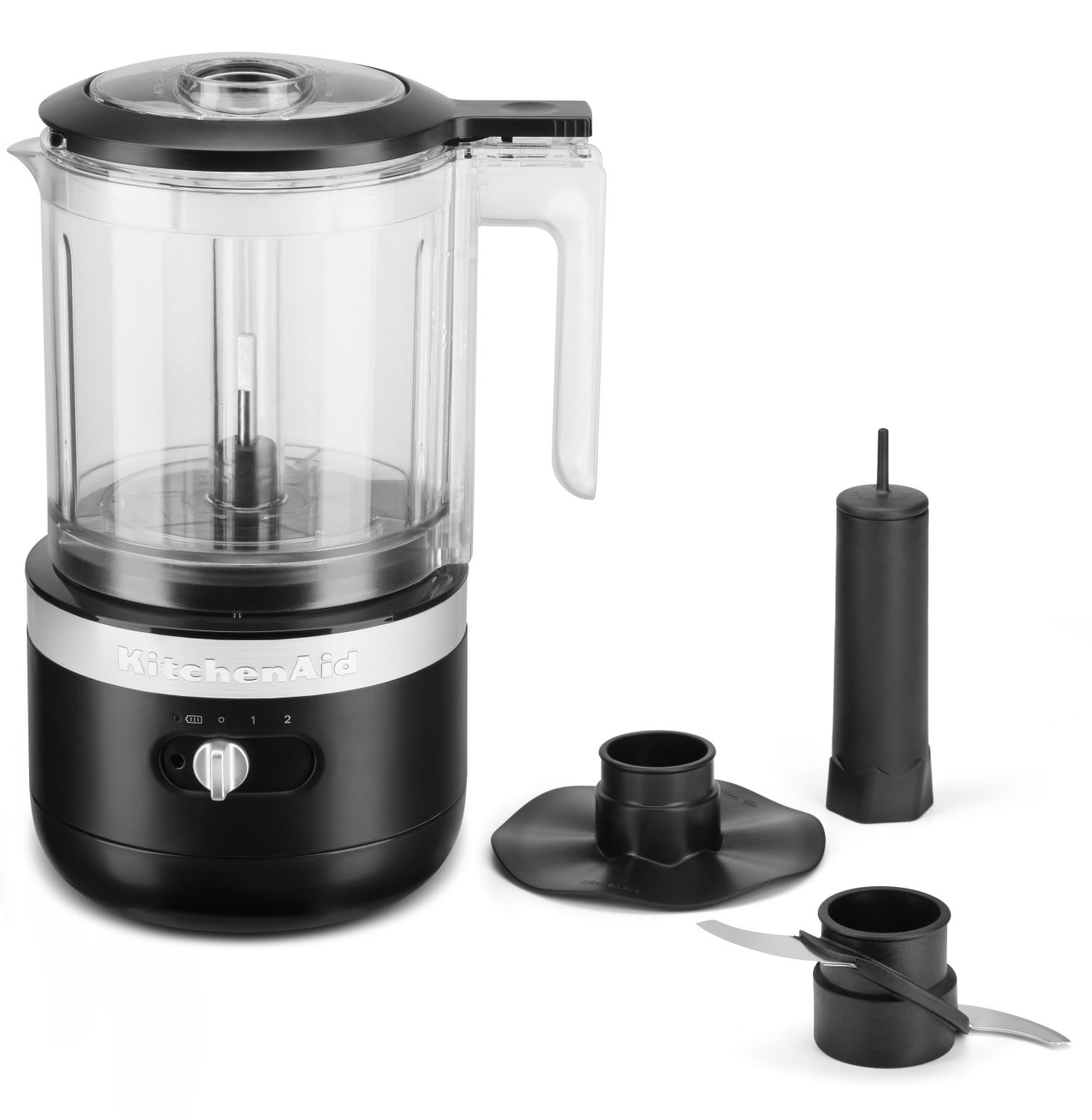 Fekete KitchenAid élelmiszer-feldolgozó többféle tartozékkal. Tartalmaz pengét, tálat és tolót.