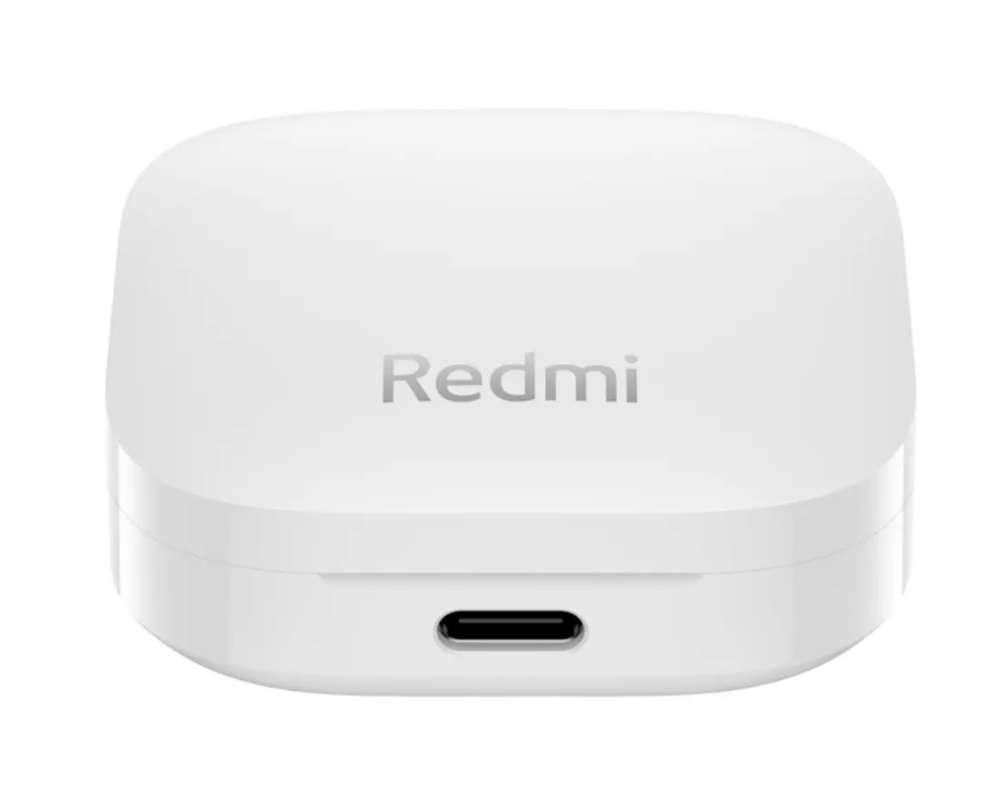 Beyaz Redmi kulaklık şarj kutusu. USB-C bağlantı noktası ve marka adı yazılı.