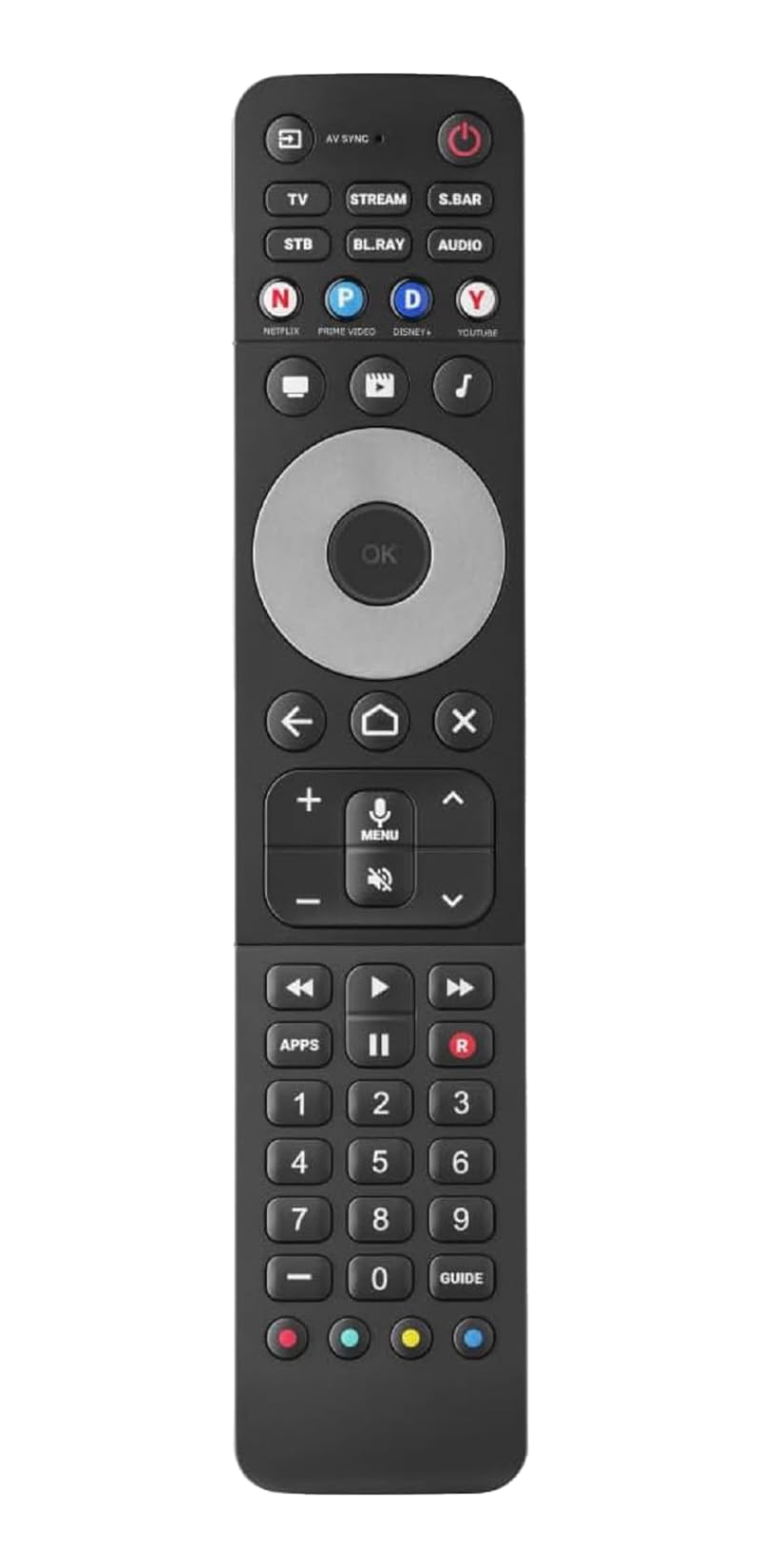 Une télécommande noire avec des boutons pour la TV, Netflix, le volume et les chiffres.