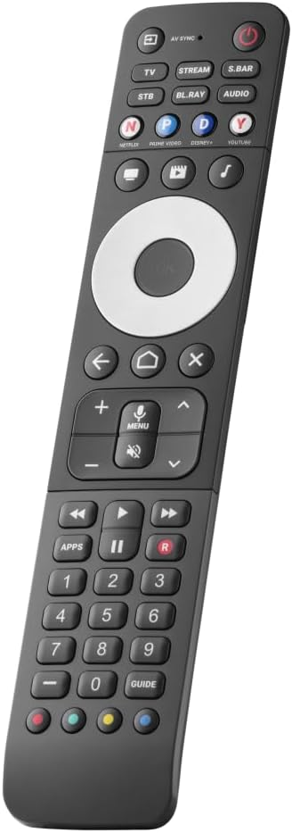 Une télécommande noire avec des boutons pour la TV, le streaming et les applications. Elle a un grand cercle de navigation central.