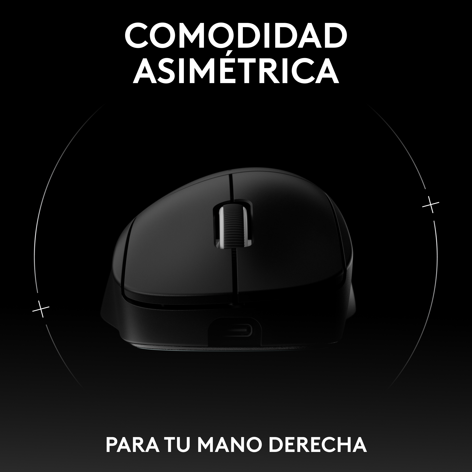 Ratón ergonómico negro. Texto en español: Comodidad Asimétrica, Para Tu Mano Derecha. Fondo blanco.