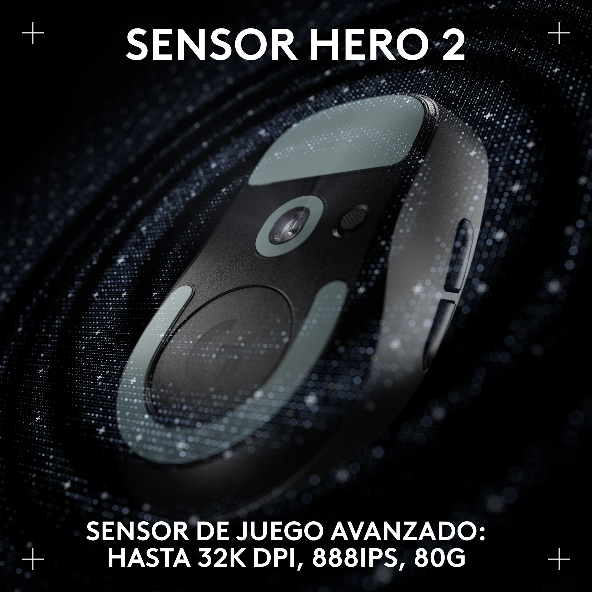 Ratón gaming negro con acentos grises, texto 'SENSOR HERO 2' y especificaciones.