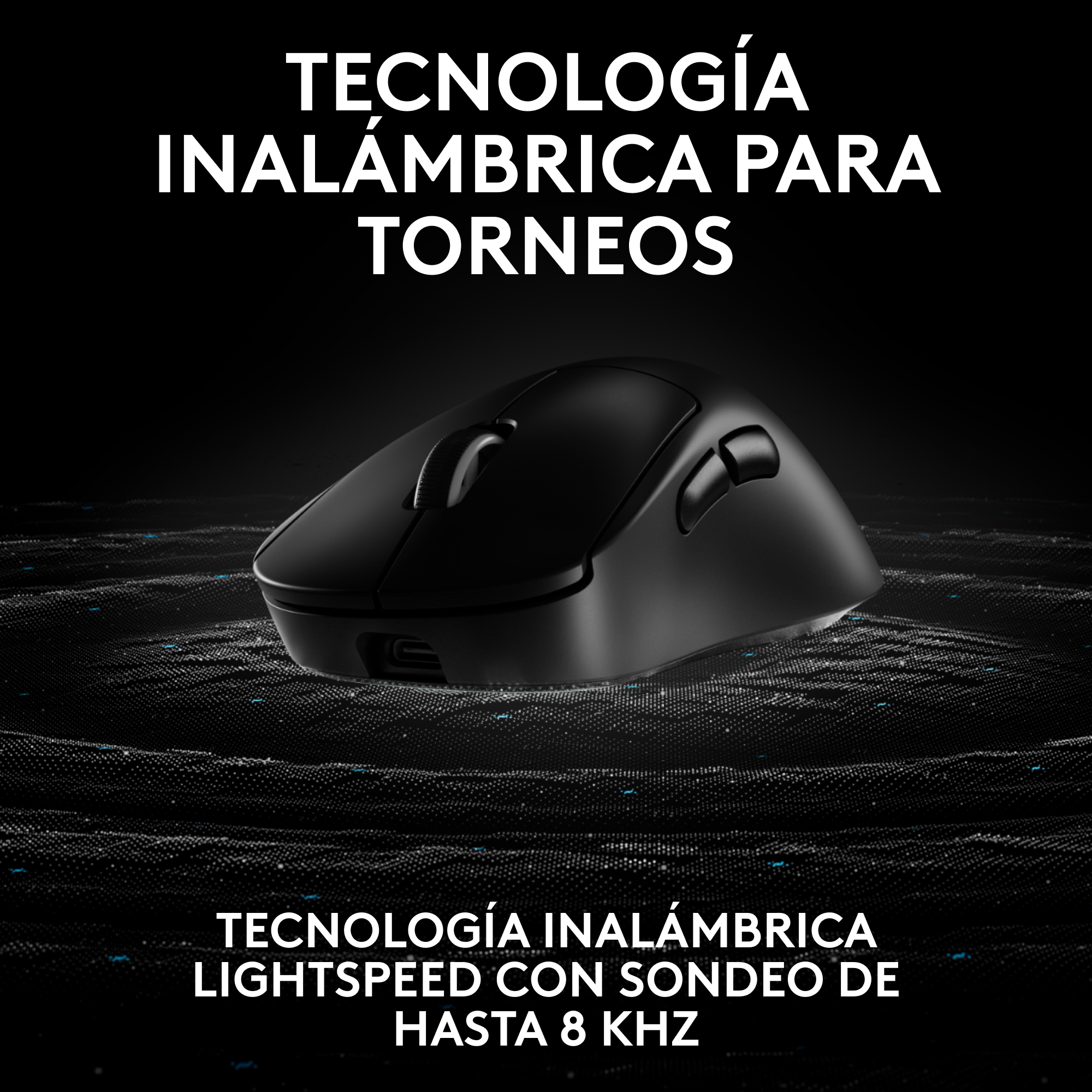 Ratón inalámbrico negro sobre una superficie texturizada. Texto: tecnología inalámbrica para torneos.