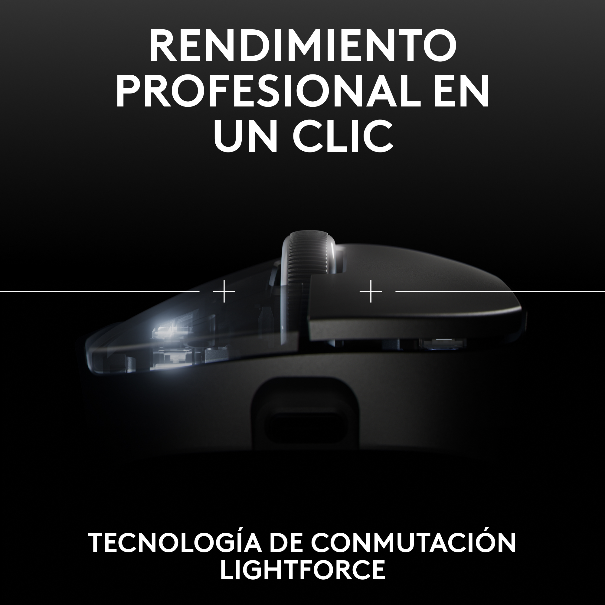 Primer plano de un ratón gaming con el texto 'RENDIMIENTO PROFESIONAL EN UN CLIC'.