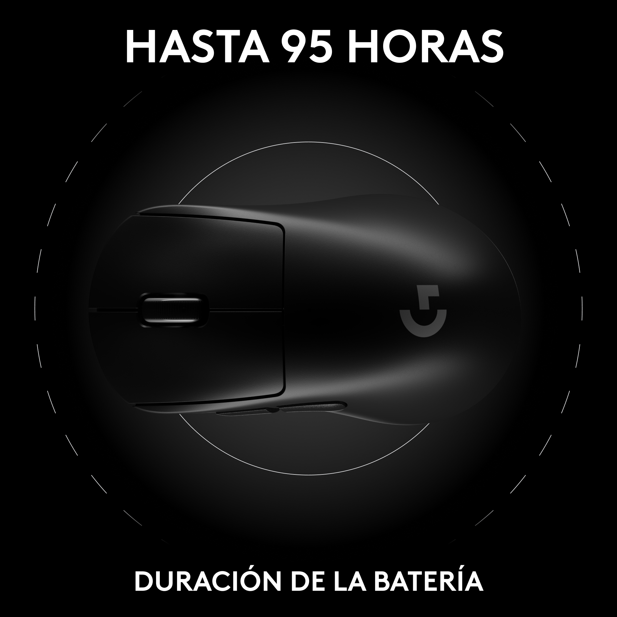 Ratón negro, vista superior. Texto de duración de la batería sobre fondo negro. Círculo punteado.