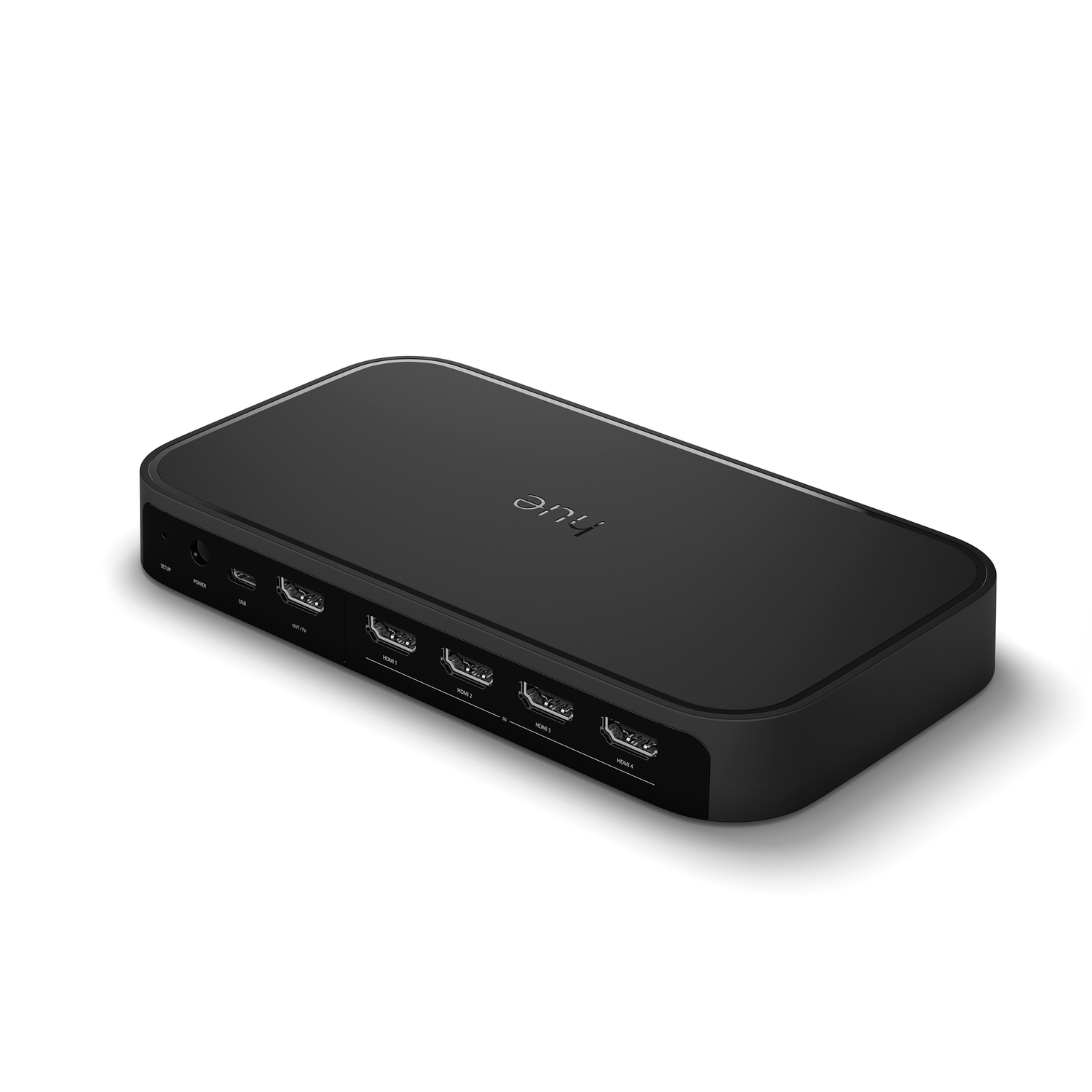 Zwart Hue smart home-apparaat met meerdere HDMI-poorten en andere connectiviteitsopties.