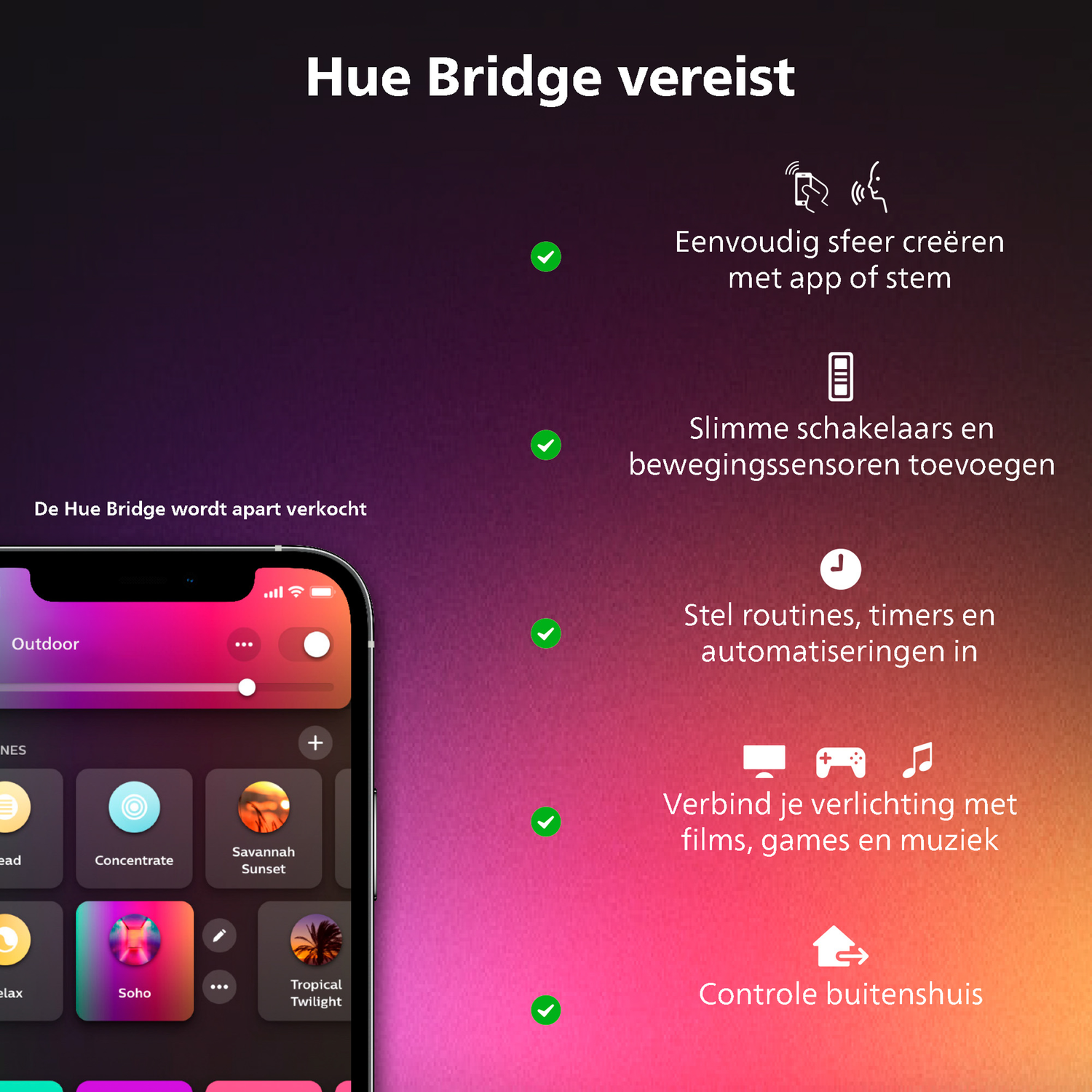 Smartphone-app met pictogrammen voor huisbesturing. Groene vinkjes naast opties op paarse achtergrond.