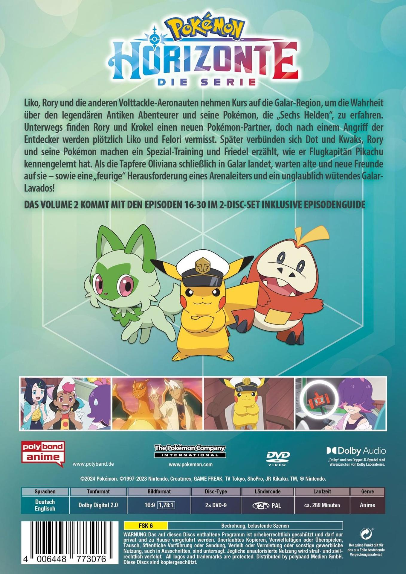 Pokemon Horizons DVD-Cover. Mit Pikachu, Sprigatito, Fuecoco. Text auf Deutsch.