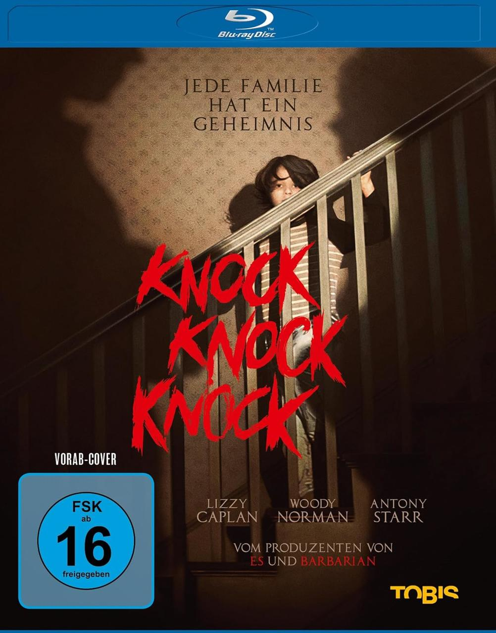 DVD-Cover für 'Knock Knock Knock', mit einer Frau auf einer Treppe und Titeltext.