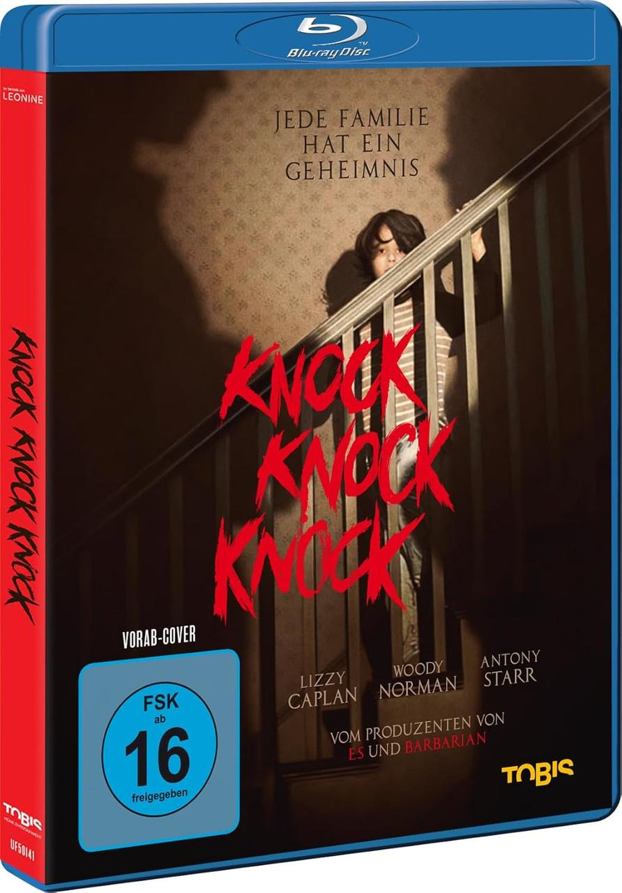 Filmposter für 'Knock Knock Knock' mit Text und Bildern einer Person auf einer Treppe und Text.