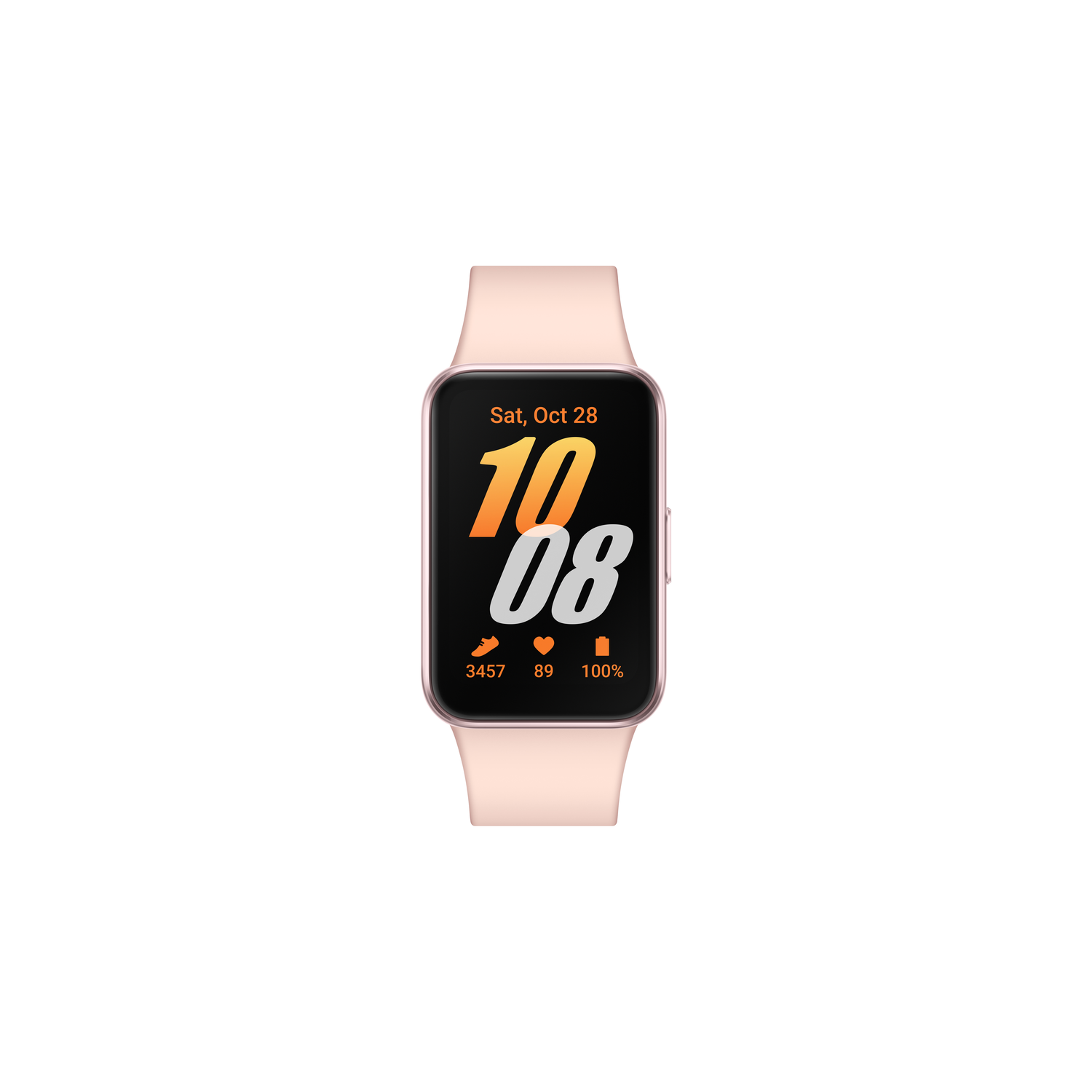 Pink smartwatch displaying date, time, and health metrics, worn on a wrist.