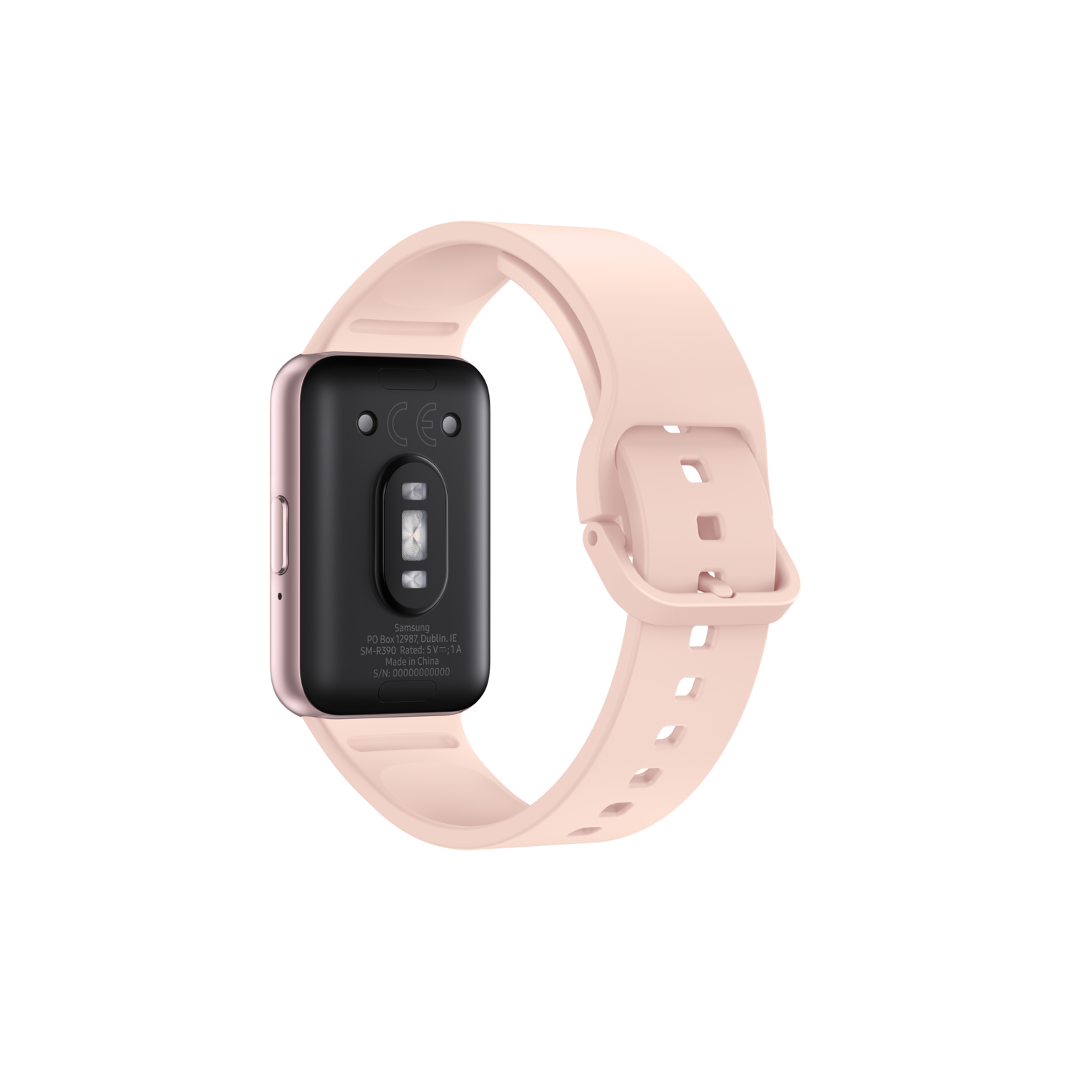 Rear view of a pink smartwatch with a pink strap against a black background.