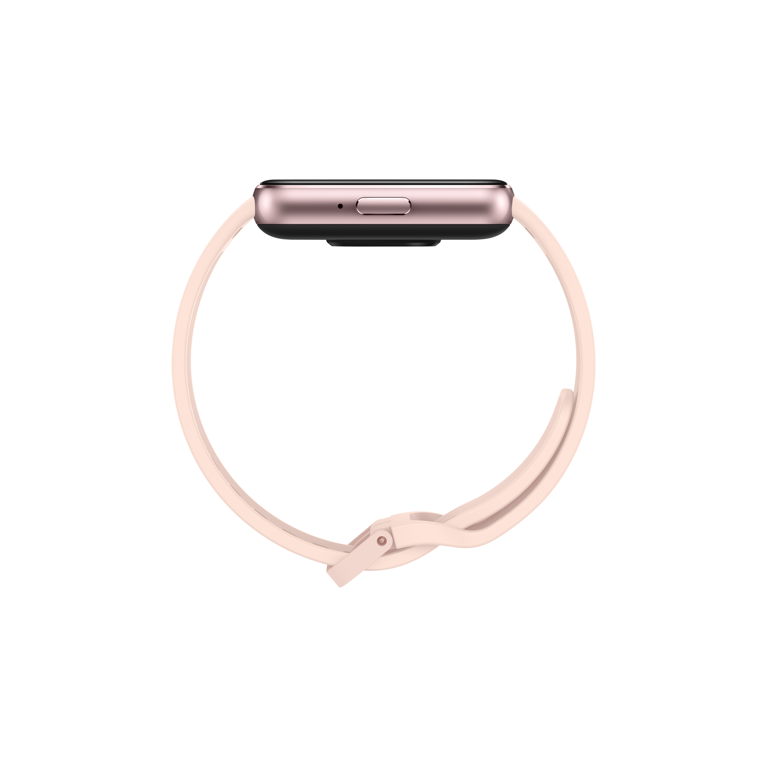 A rose gold smartwatch with a light pink strap, side view. The screen shows the watch's interface.