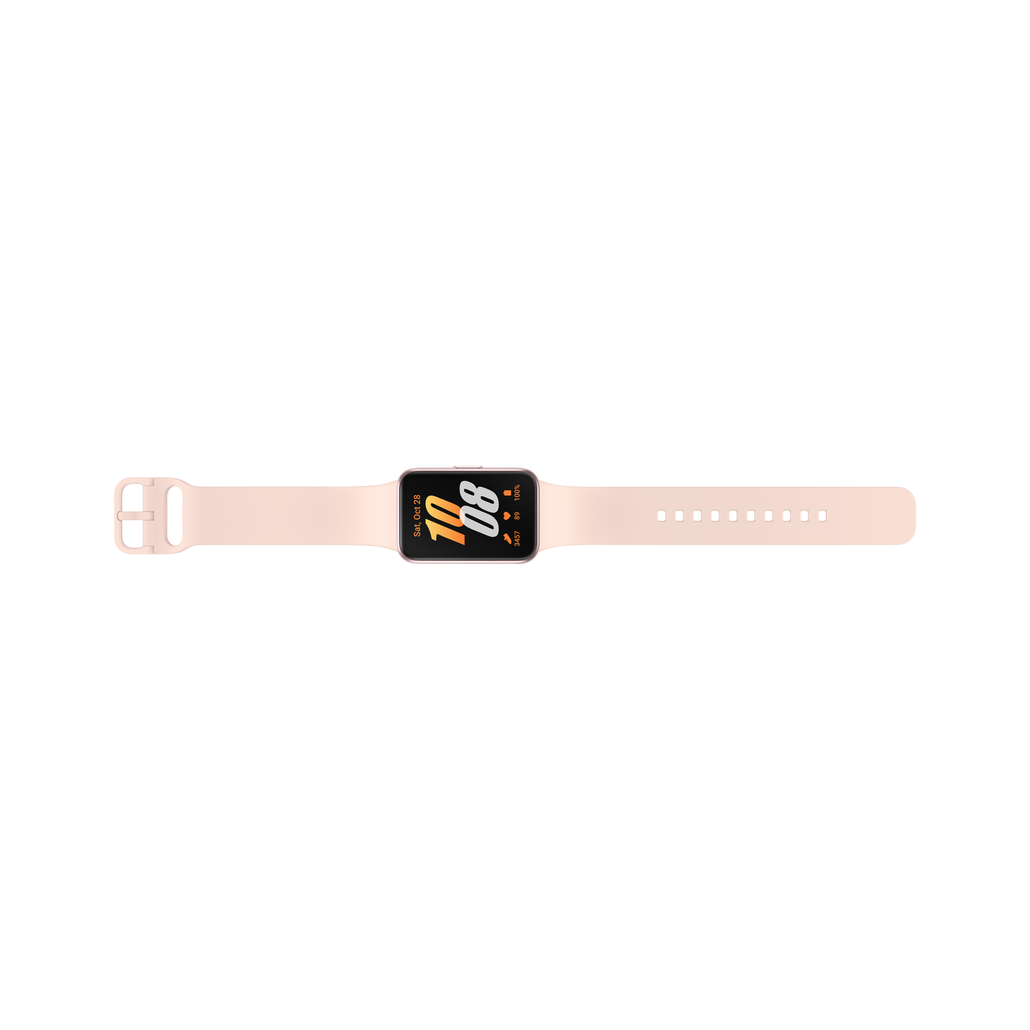 Pink smartwatch with a pink strap on a white background. Display shows time.