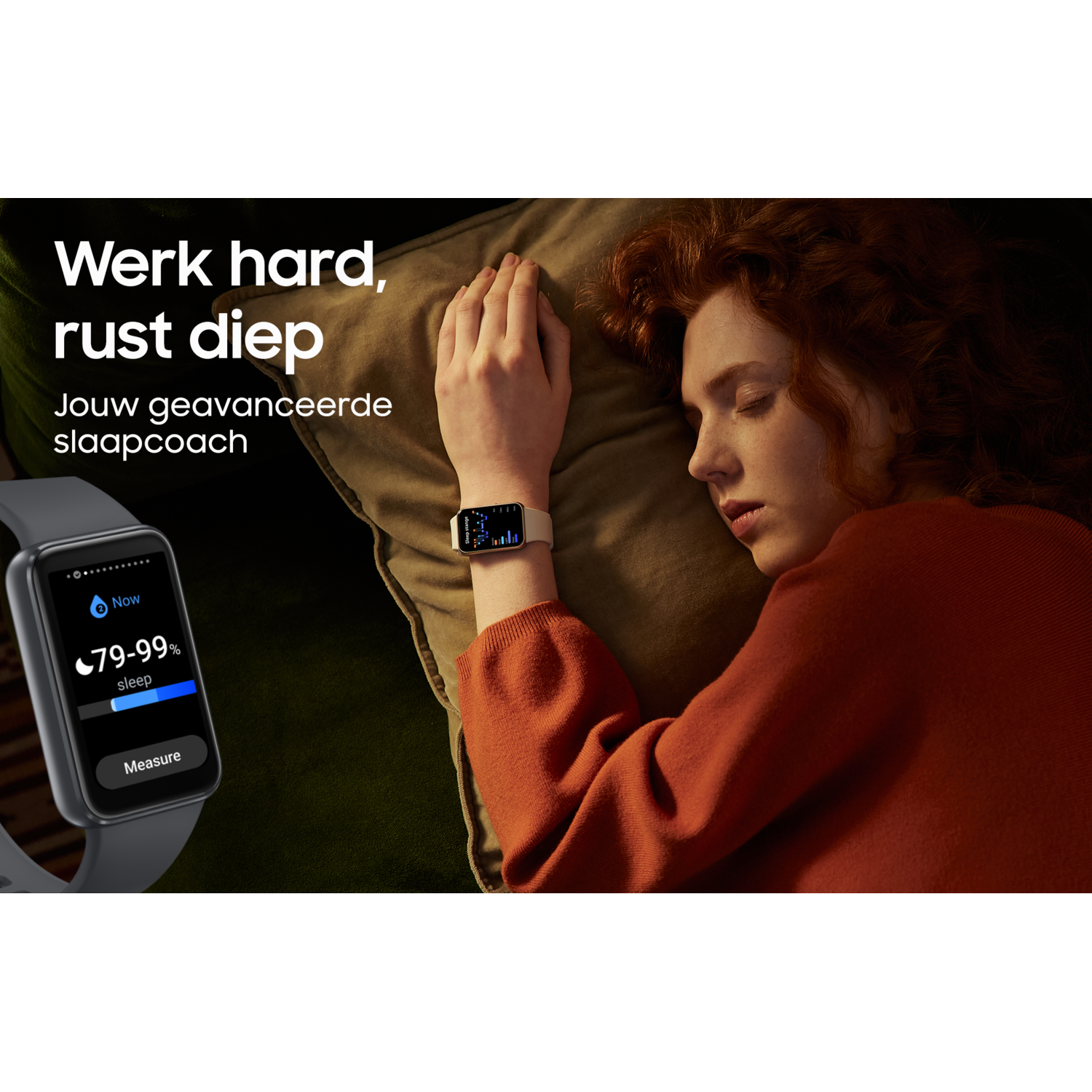 Woman sleeping with wearable device on wrist, with sleep data. Charts and percentages show sleep level.