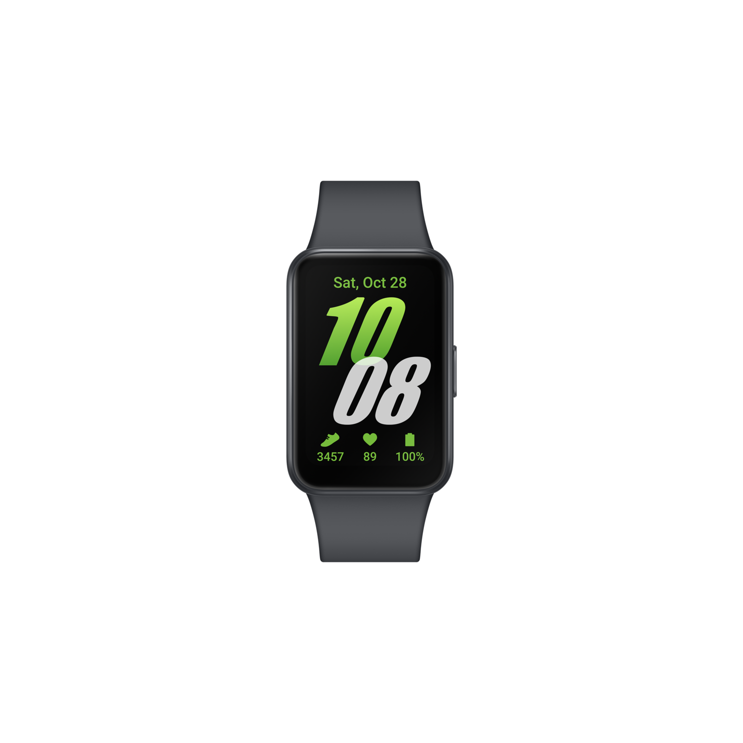 Een smartwatch op een zwarte achtergrond, die de tijd weergeeft.