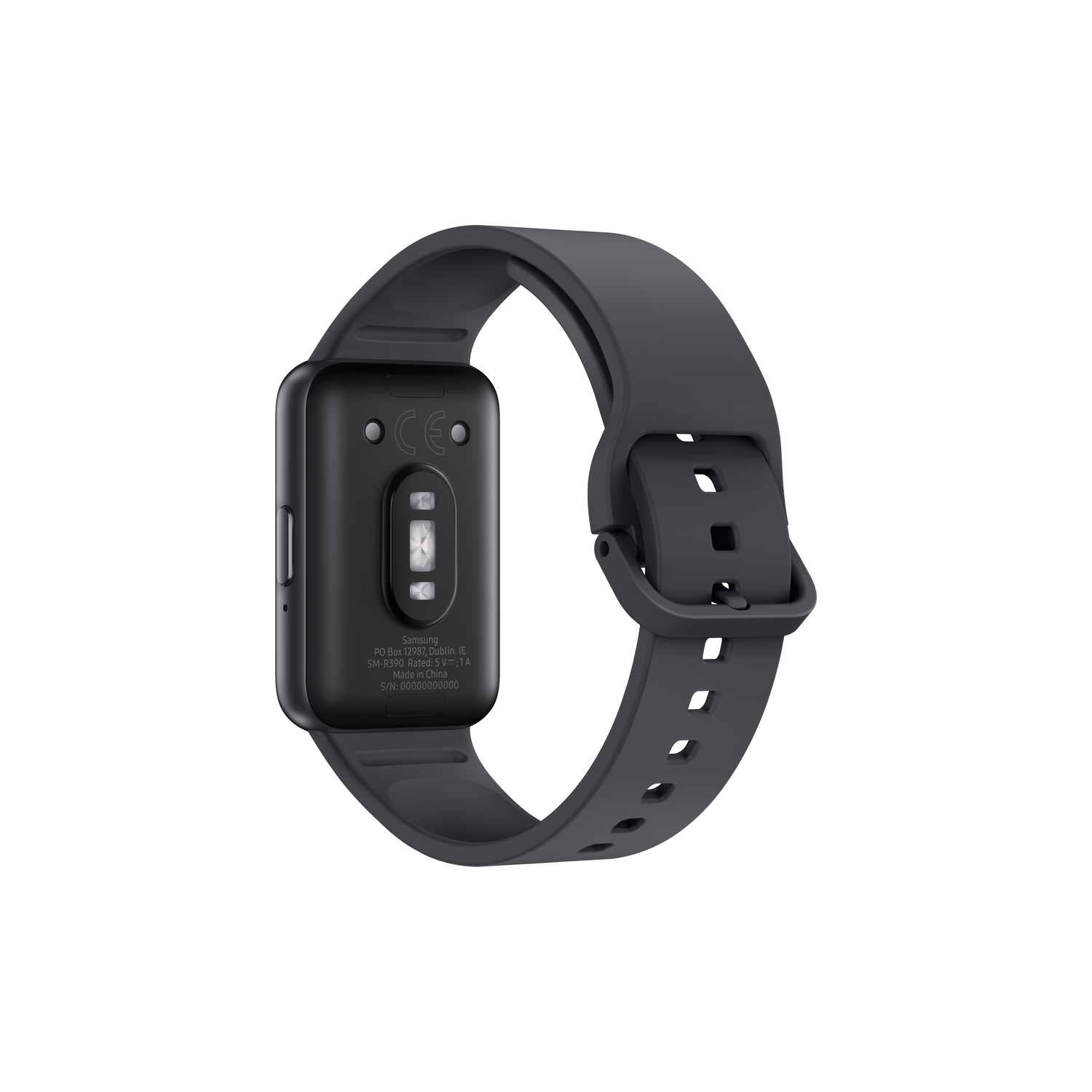 Een zwarte smartwatch met een grijze band, de achterkant is zichtbaar.