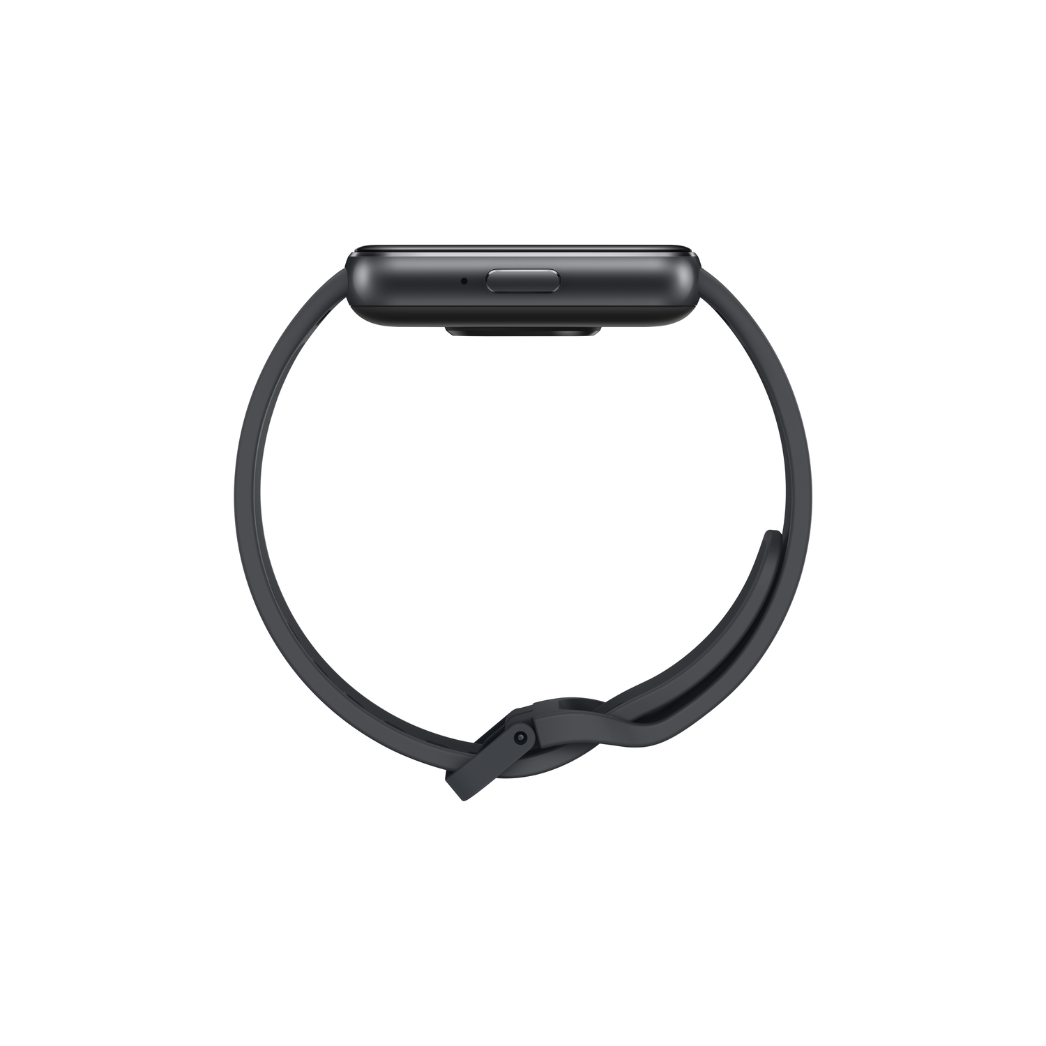 Een zwarte smartwatch wordt van de zijkant getoond. De band wikkelt zich om de wijzerplaat.