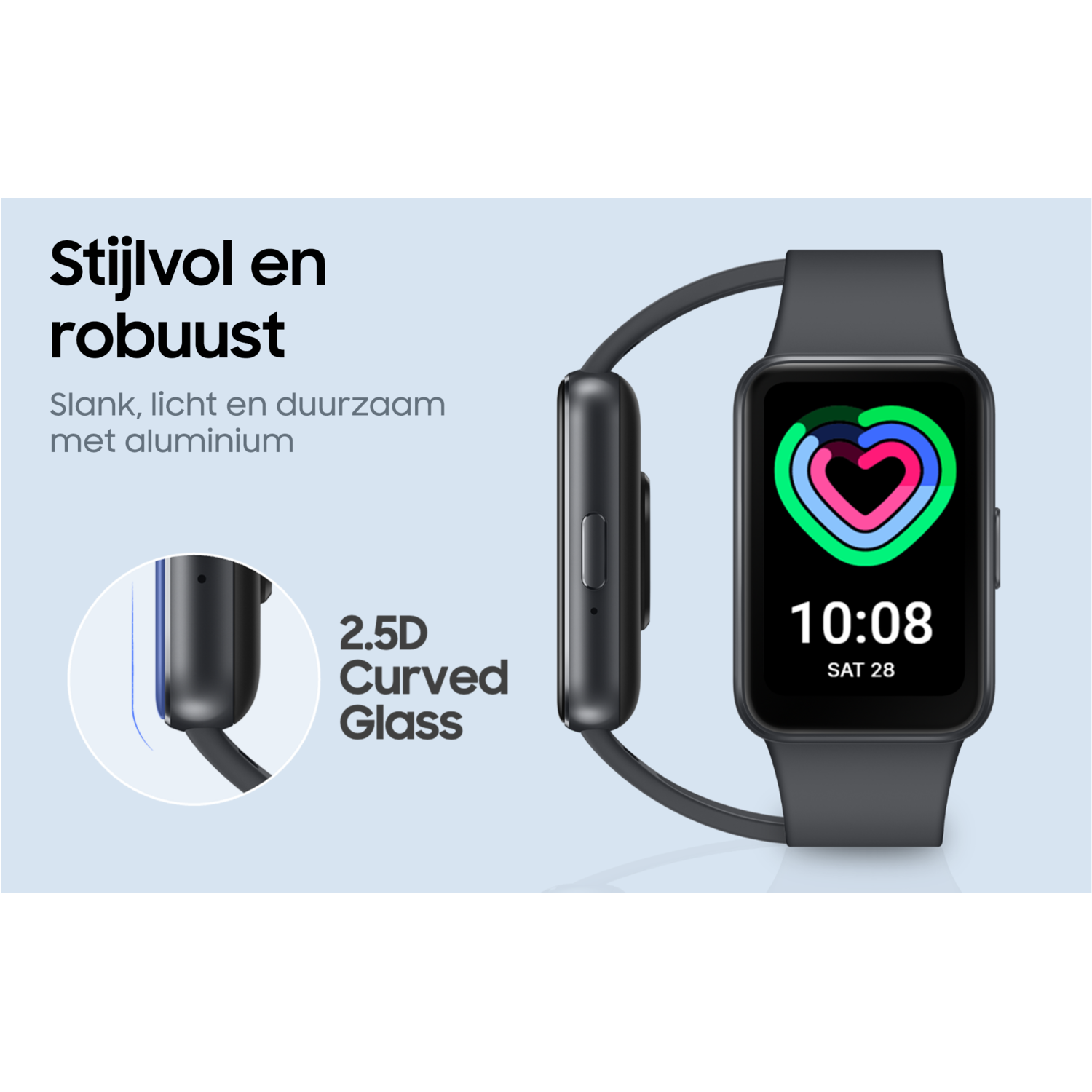 Een zwart slim horloge met een gebogen scherm.