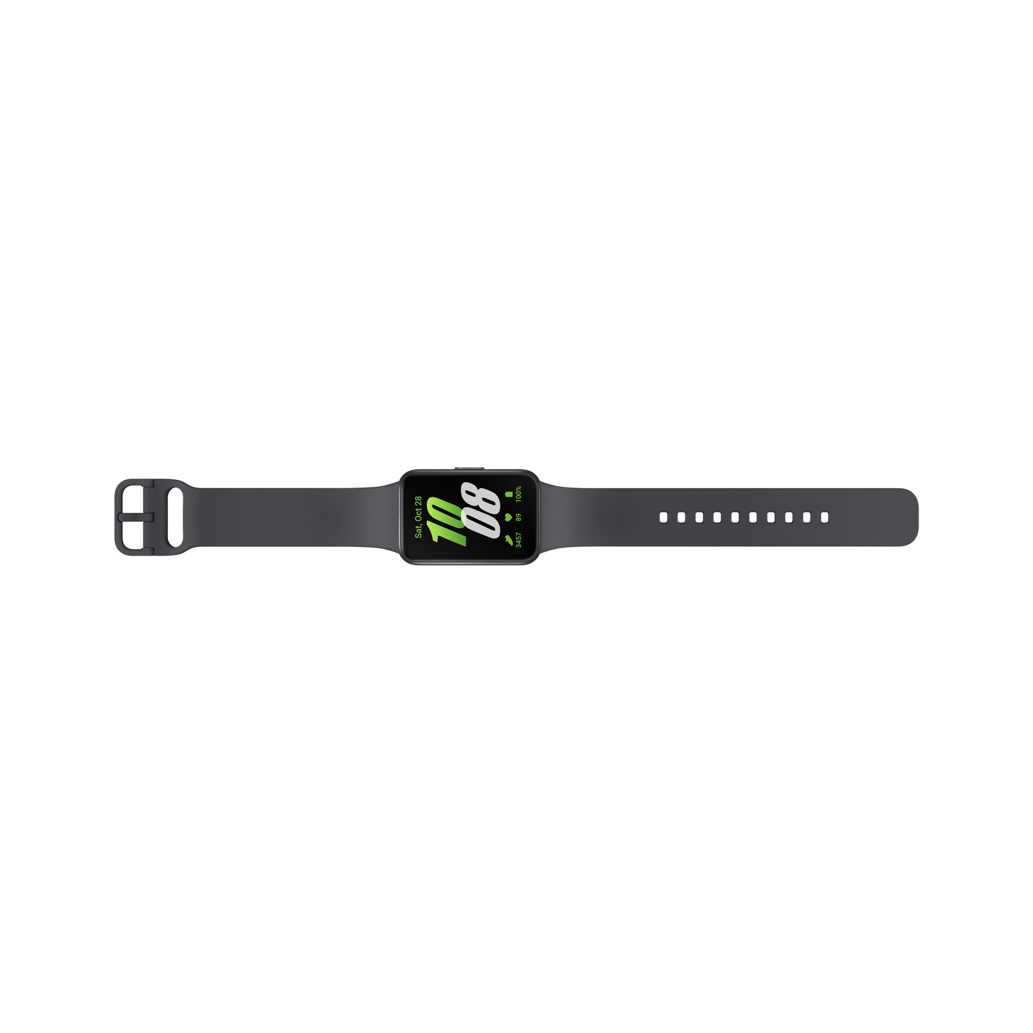 Een grijze smartwatch met een rechthoekig scherm en een bijpassende grijze band, plat gepresenteerd.