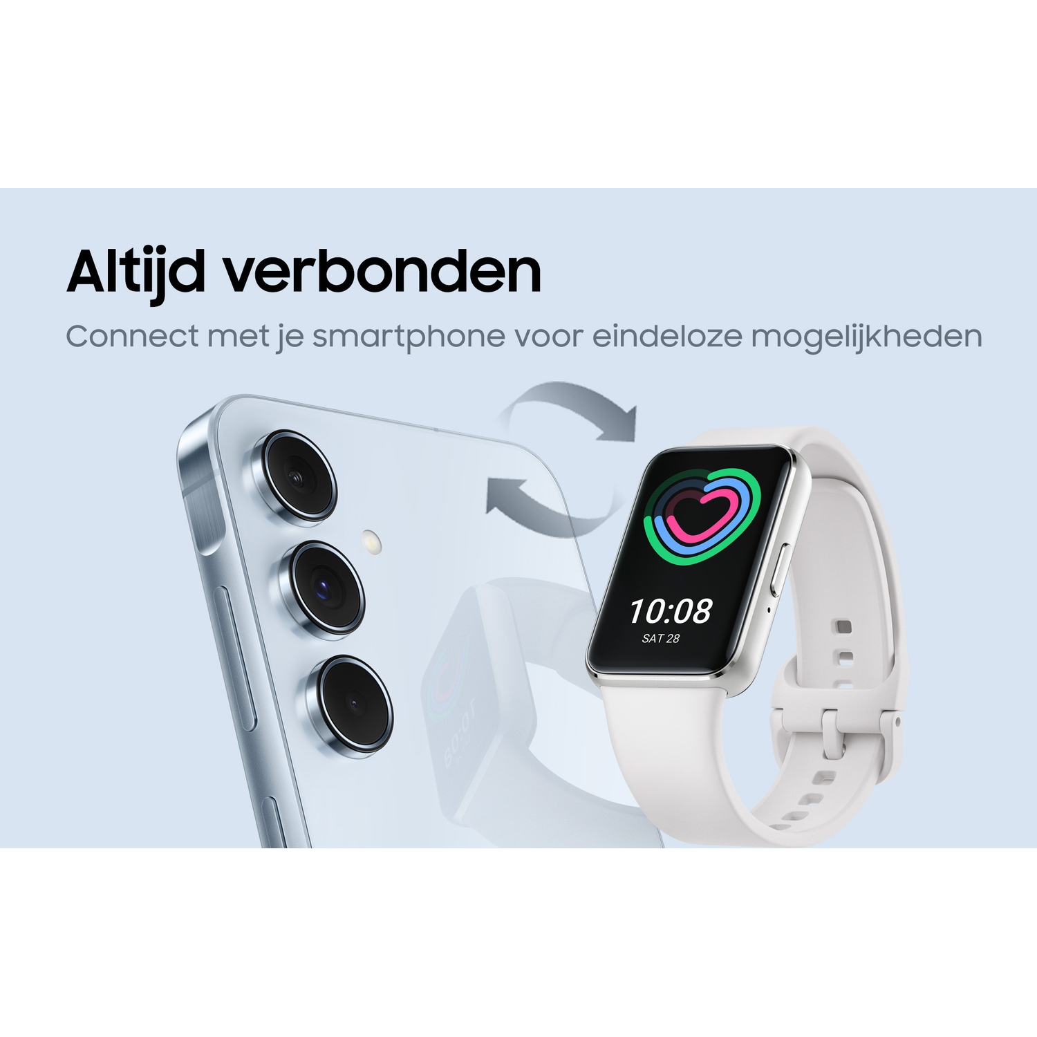 Smartphone met smartwatch. Ze tonen tijd en hartslag op de horloge. Pijlen eromheen.