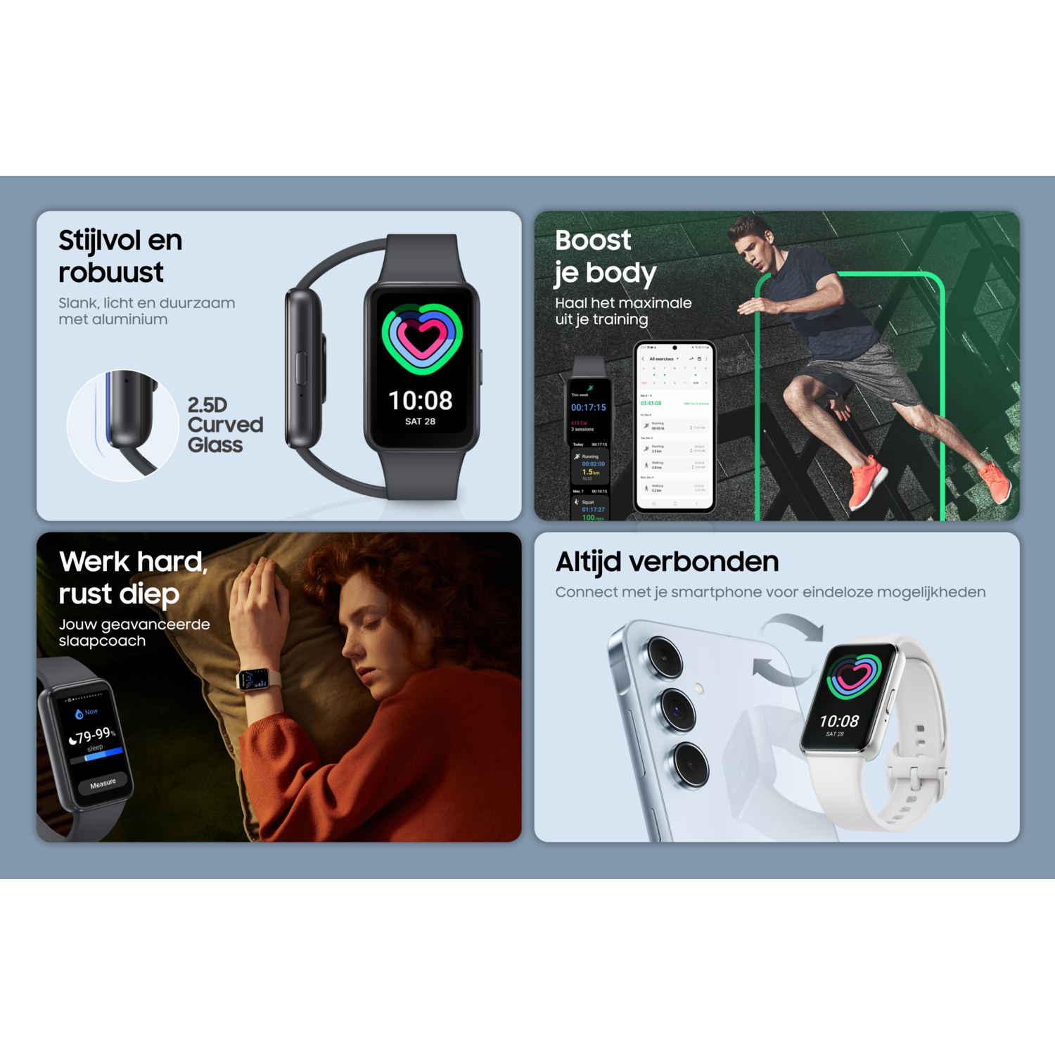 Smartwatch met zwarte behuizing, gebogen glas en een display met de tijd. Andere afbeeldingen tonen fitness en telefoonverbinding.