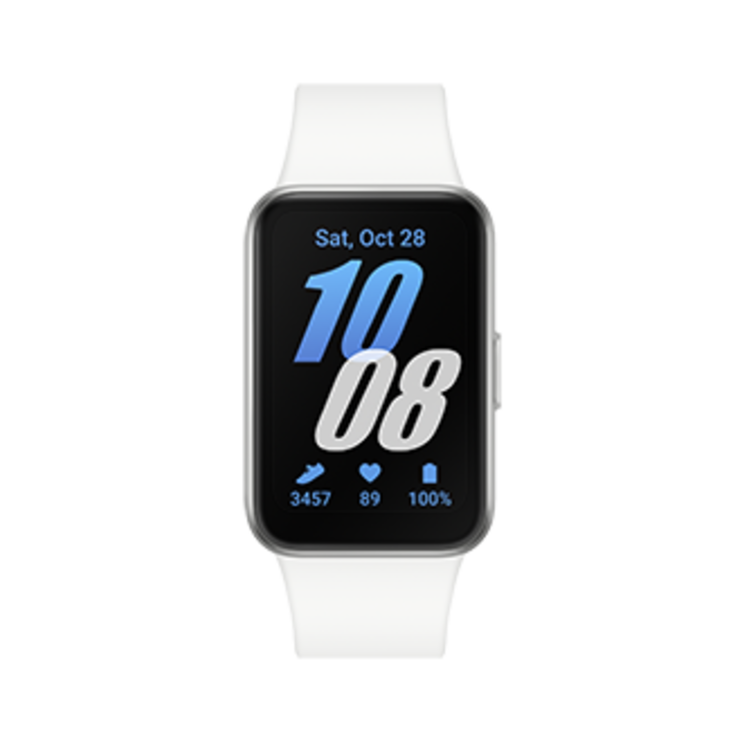 White smartwatch showing the date, time, steps, heart rate, and battery percentage.