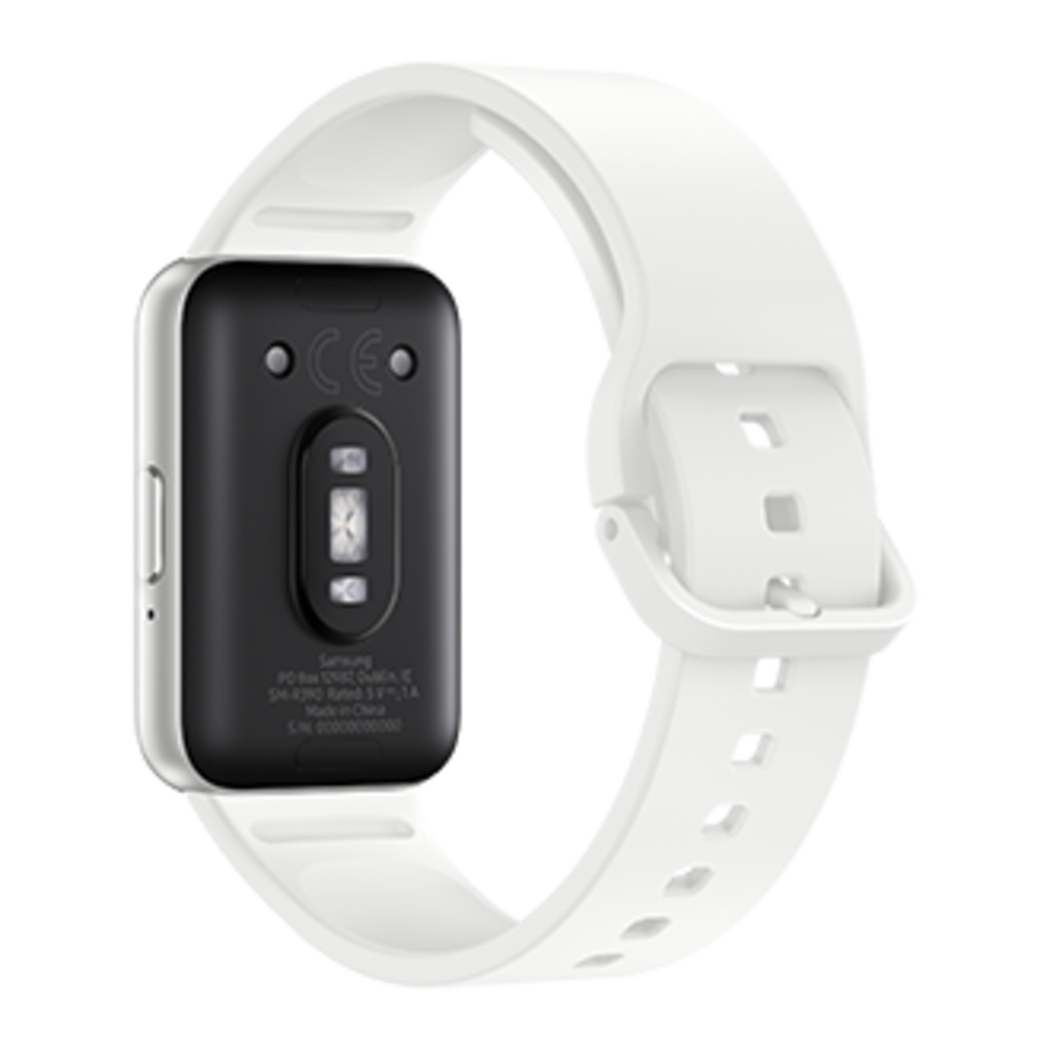A white fitness tracker with a black sensor panel, white strap, and buckle.