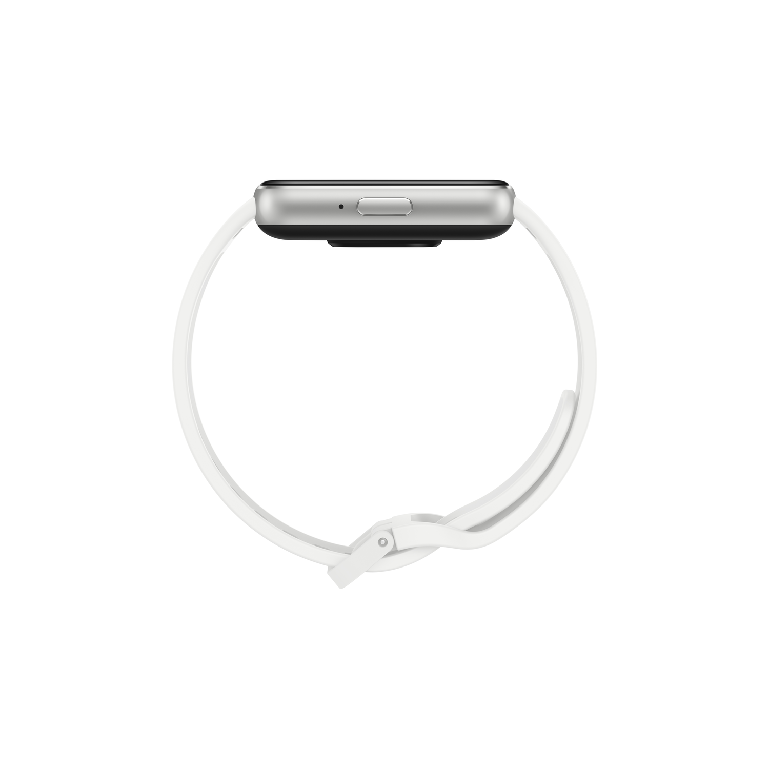 Side view of a silver smartwatch with a white strap. The screen is black. The strap is white.