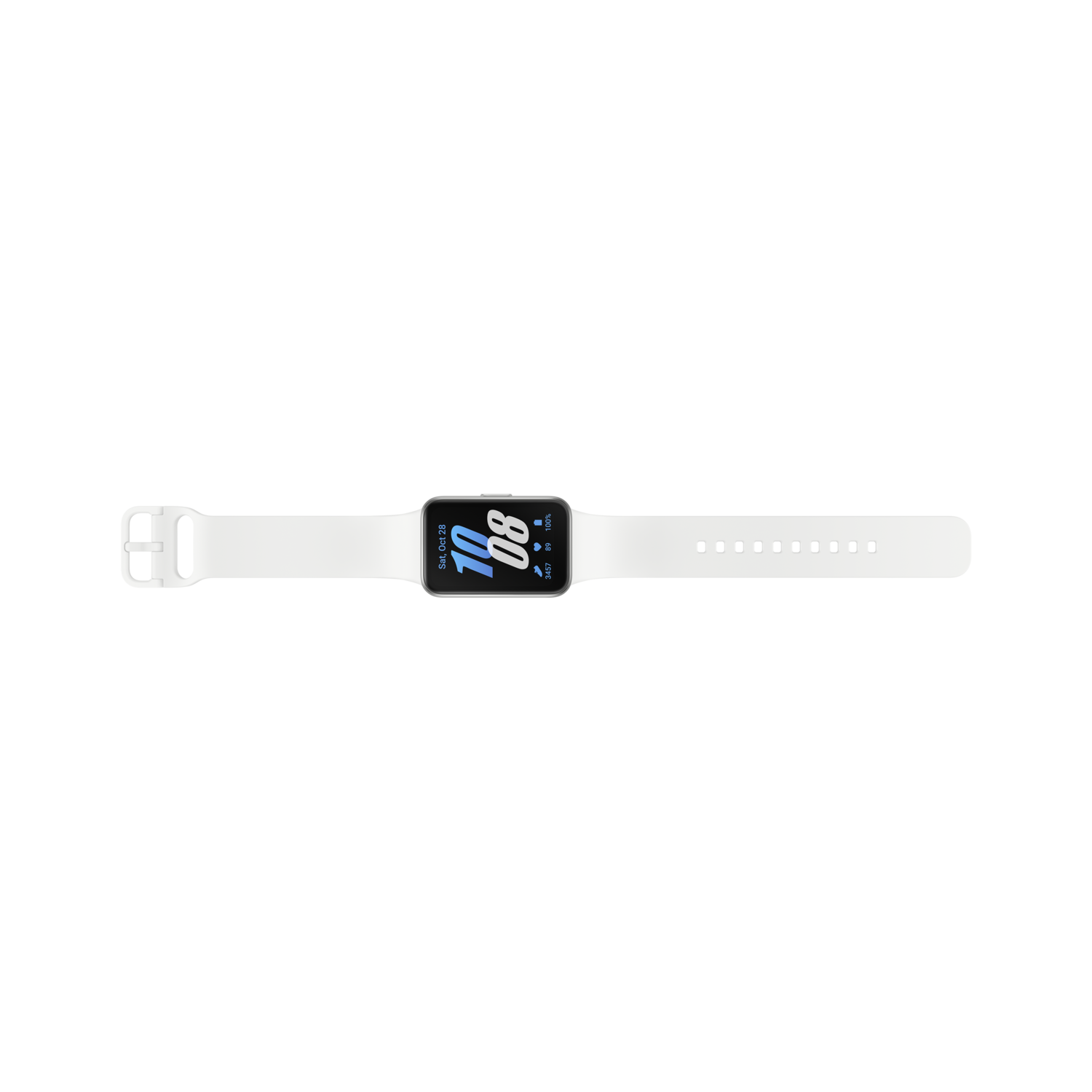 A white smartwatch with a black screen and a white strap.