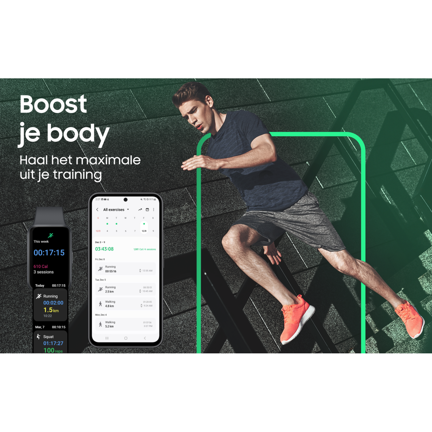 A man runs next to a smartwatch and a smartphone displaying exercise data. Text: Boost je body.