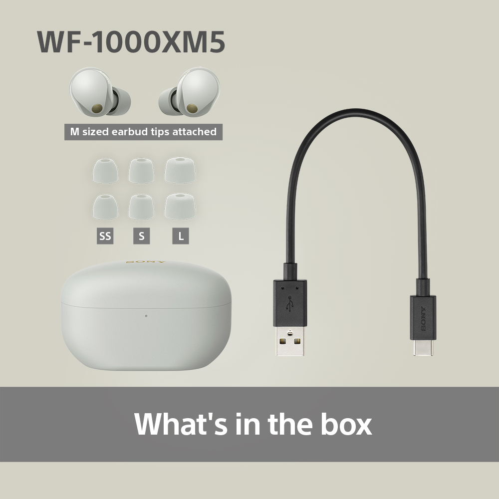 Weißes Ohrhörerset, Ladeetui und USB-Kabel mit dem Text 'Was ist in der Box'.