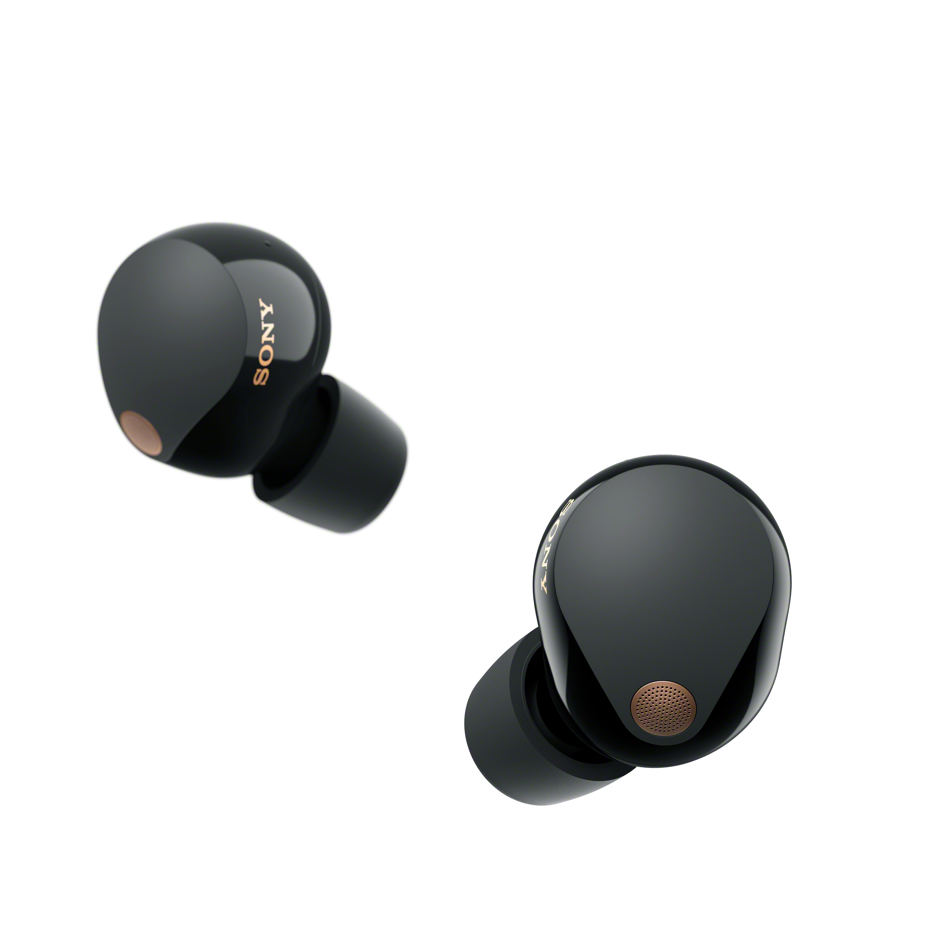 Due auricolari Sony neri, con dettagli dorati, isolati su sfondo bianco.