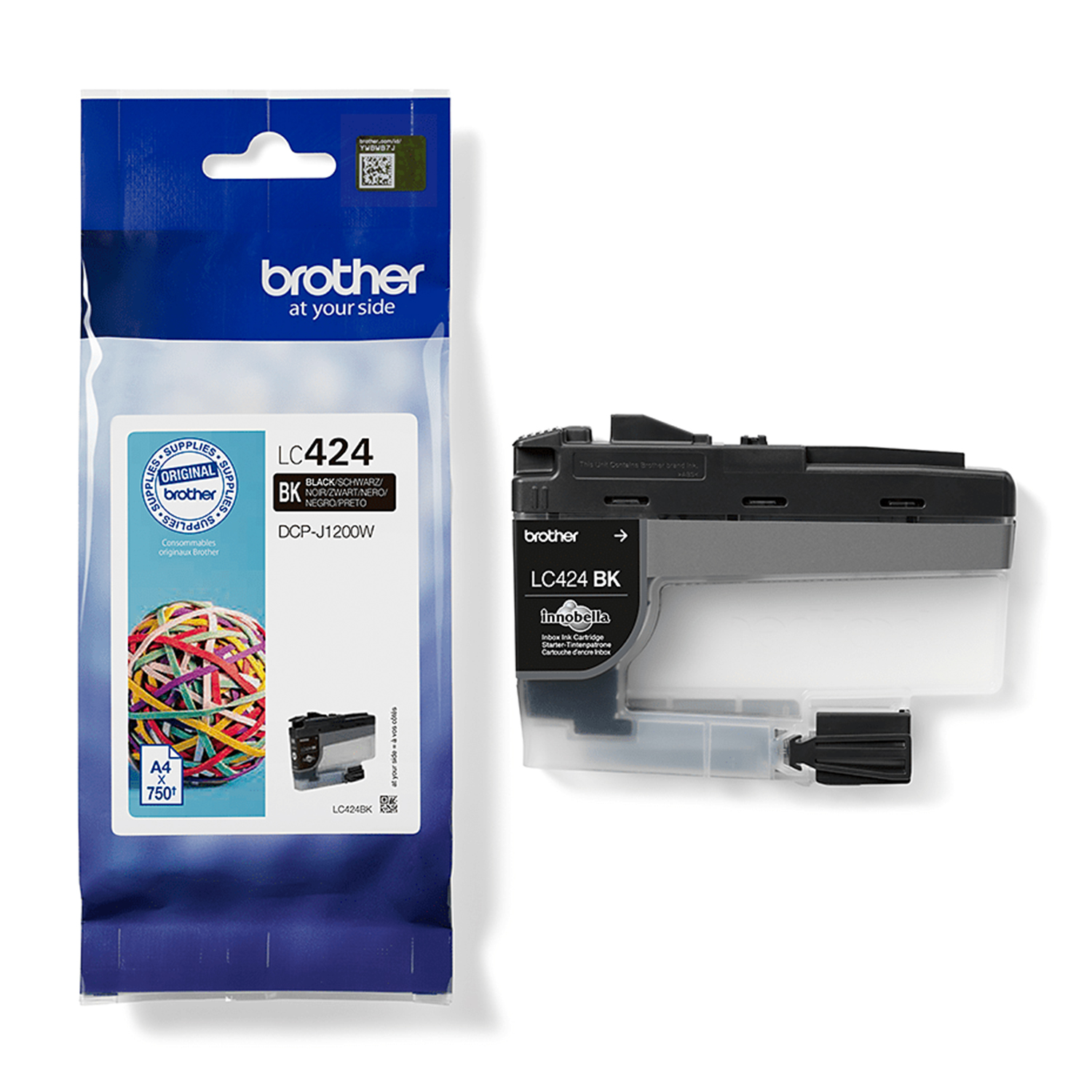 Cartuccia d'inchiostro Brother LC424 BK e confezione sigillata su bianco. Include una palla di gomma colorata.