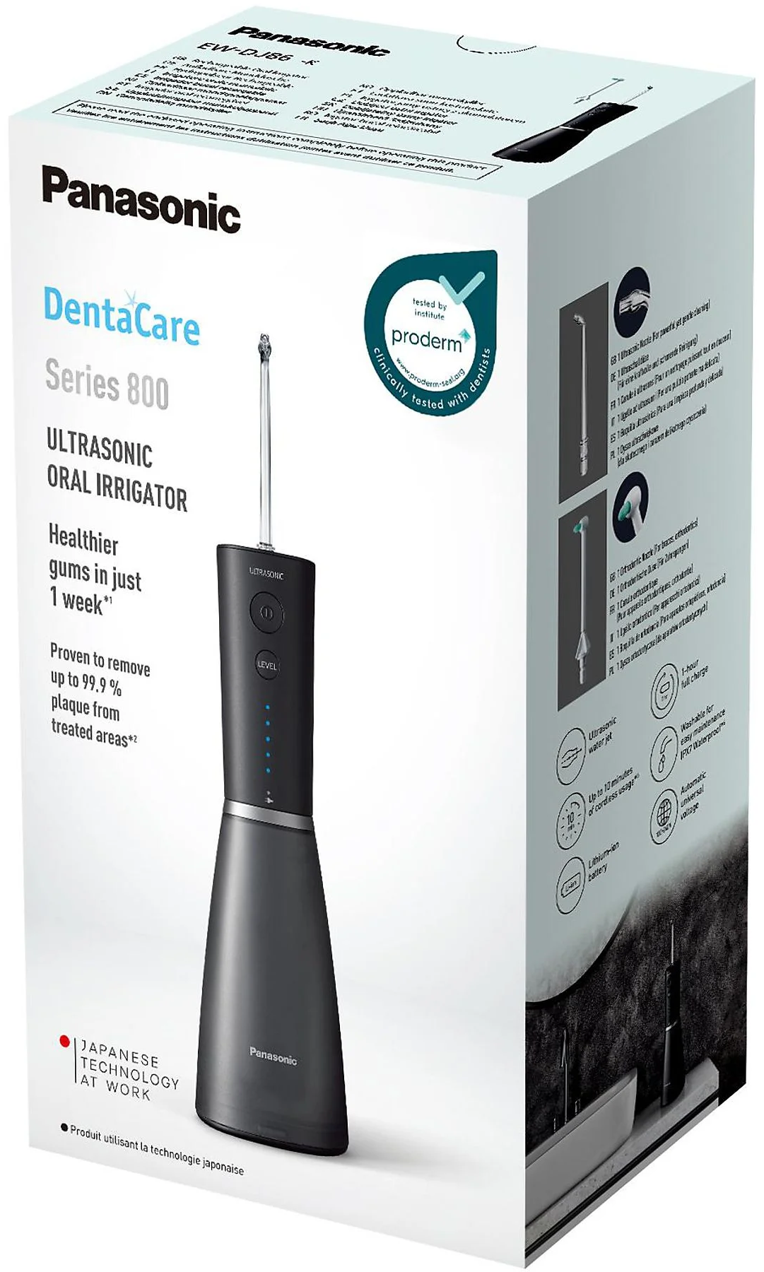 Panasonic DentaCare szájzuhany doboza. Tartalmazza az eszközt és a funkciókat.