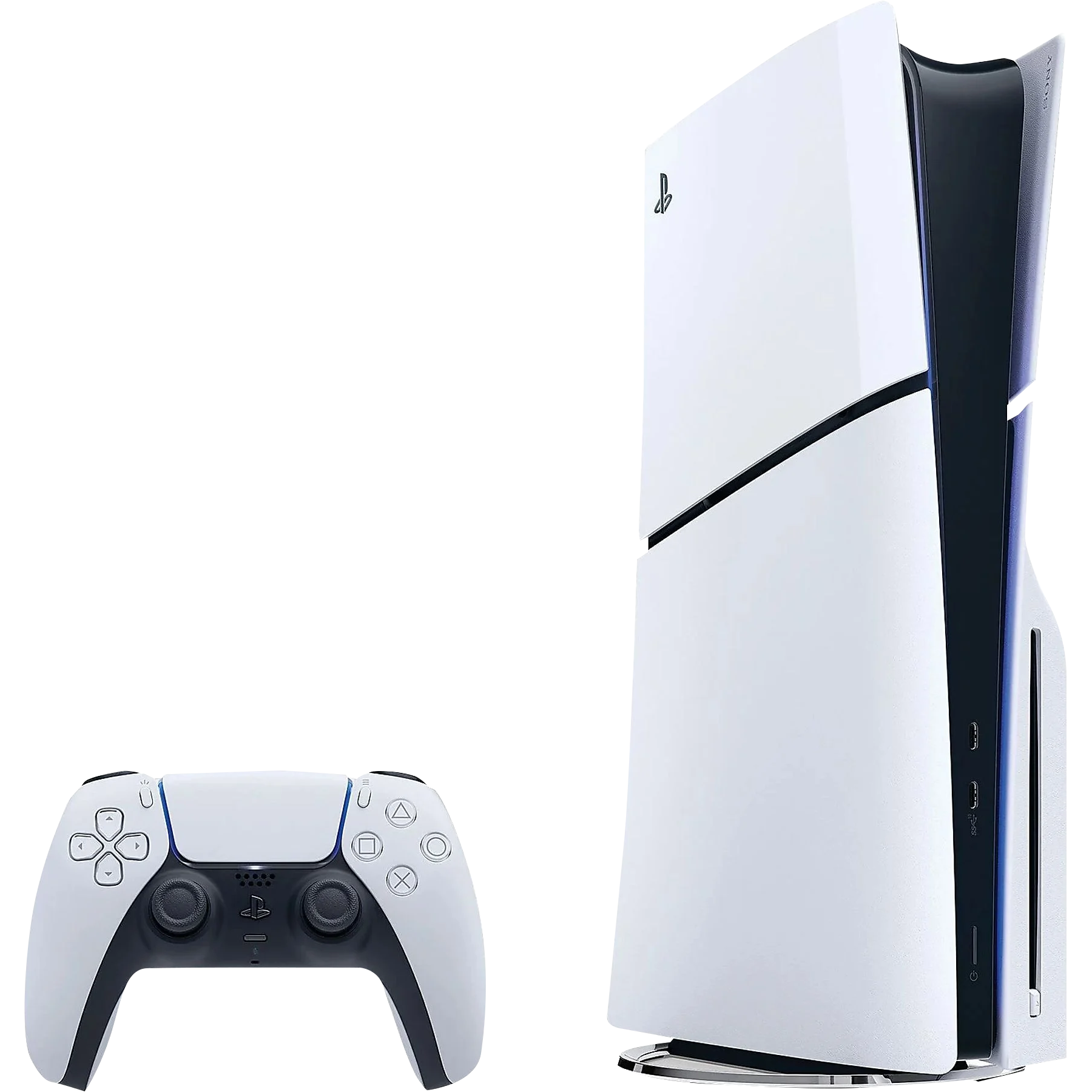 Biała konsola PlayStation 5 z biało-czarnym kontrolerem na czarnym tle.