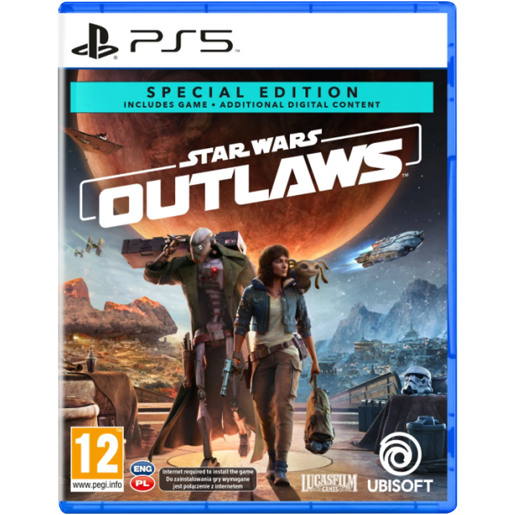 Pudełko gry Star Wars Outlaws. Dwie postacie z przodu, sceneria kosmiczna w tle.