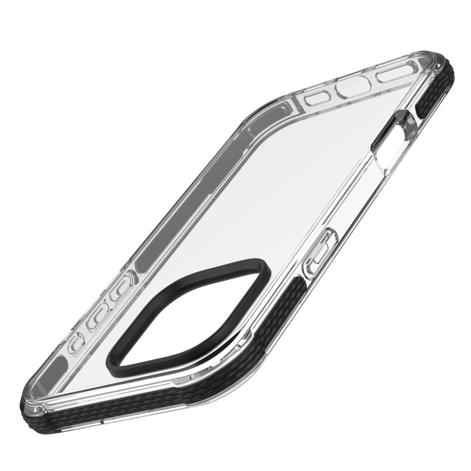 Clear phone case with black textured edges and a black rectangular ring in the middle.