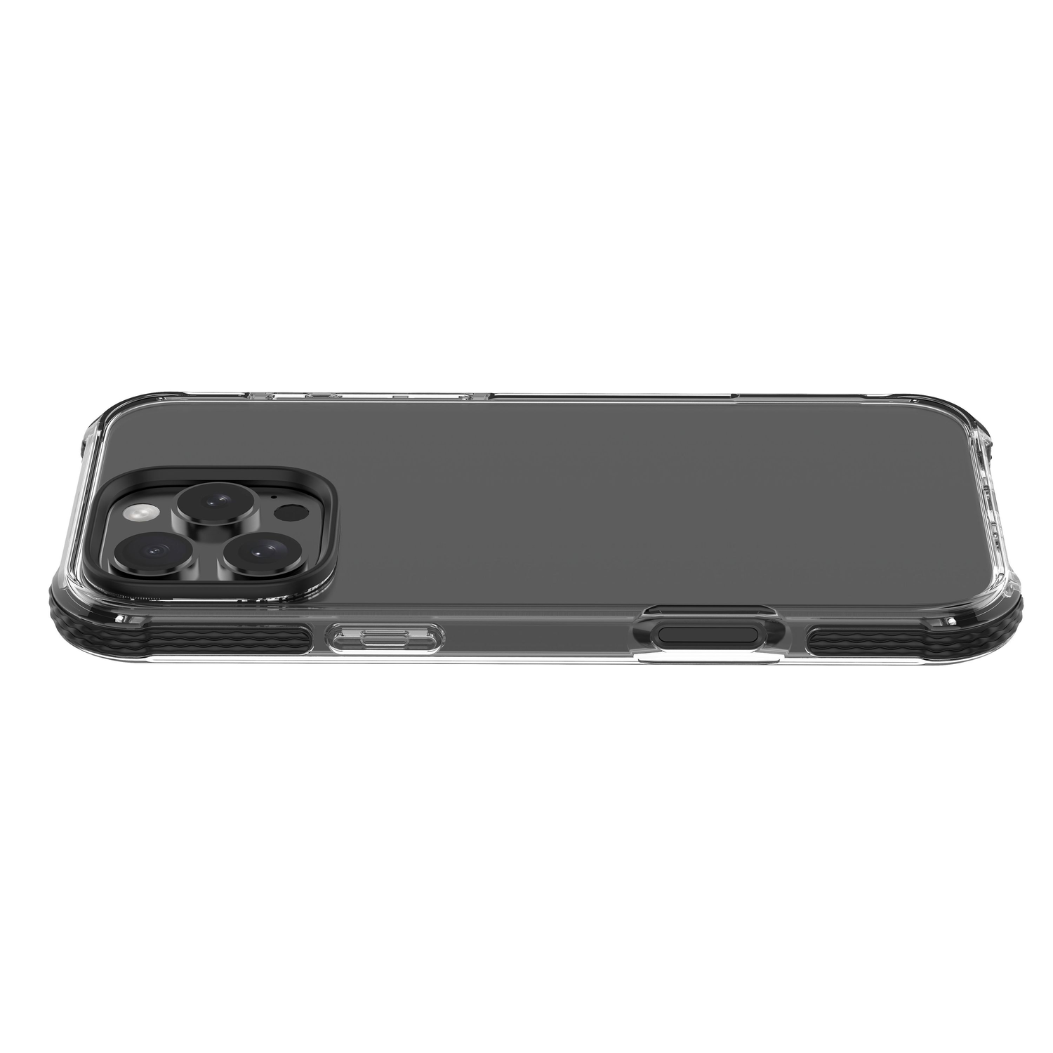 A dark smartphone with a clear case, showing the back and side buttons.