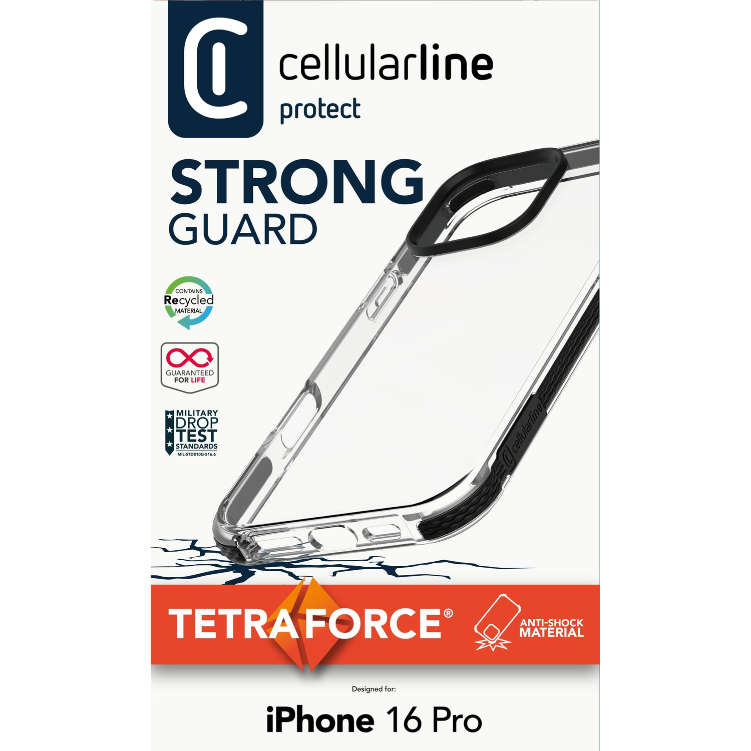 Clear phone case for iPhone 16 Pro. The case has a black border with text and logos.