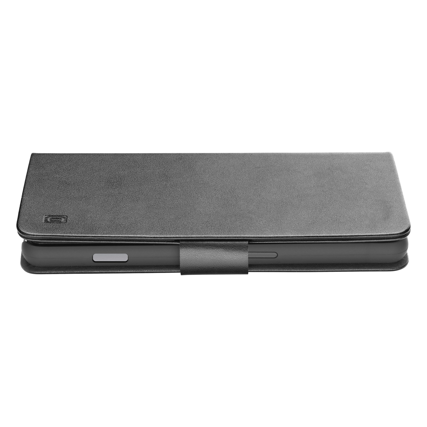 Black phone case closed, with a strap and a phone inside.