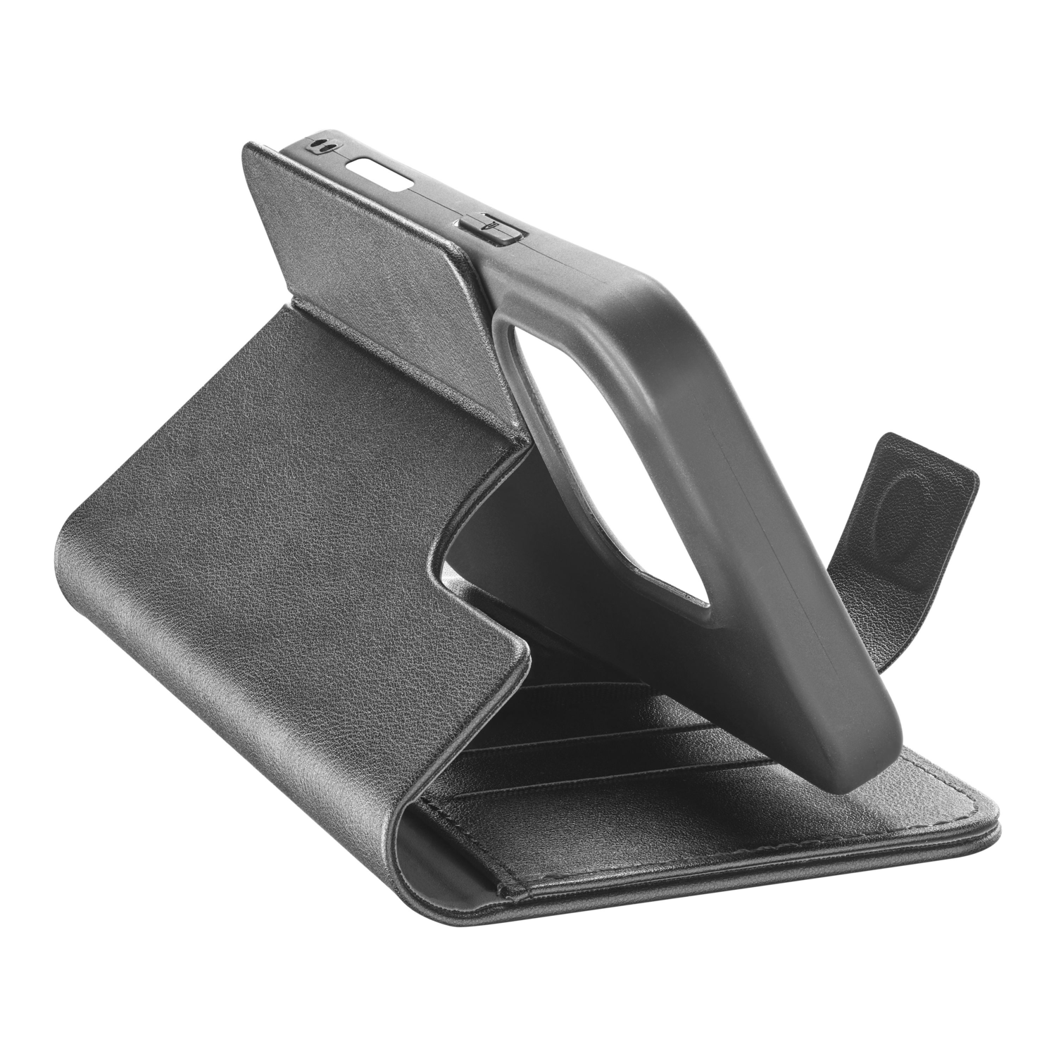 Black phone case opened, showing phone inside. Leather-like texture.