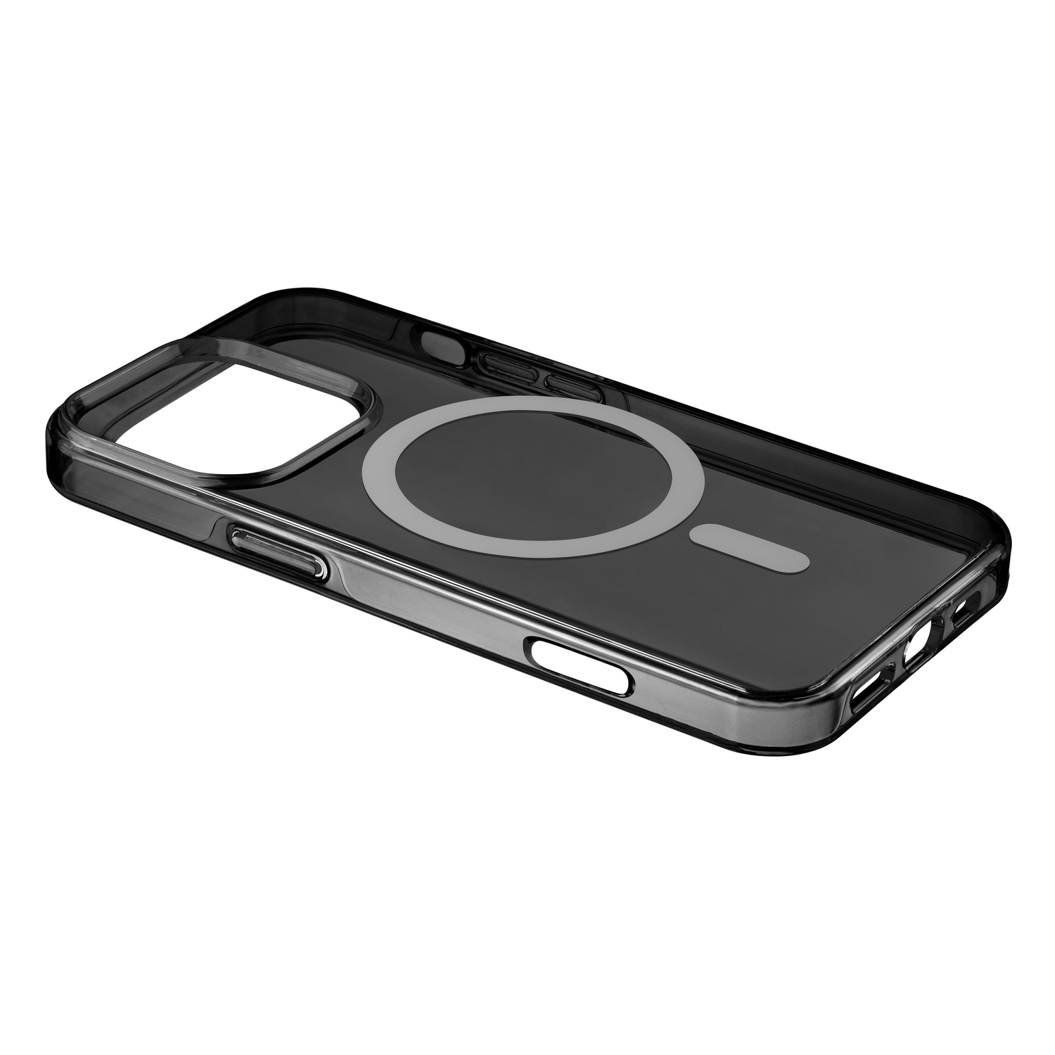 Black transparent phone case with a magnetic ring.