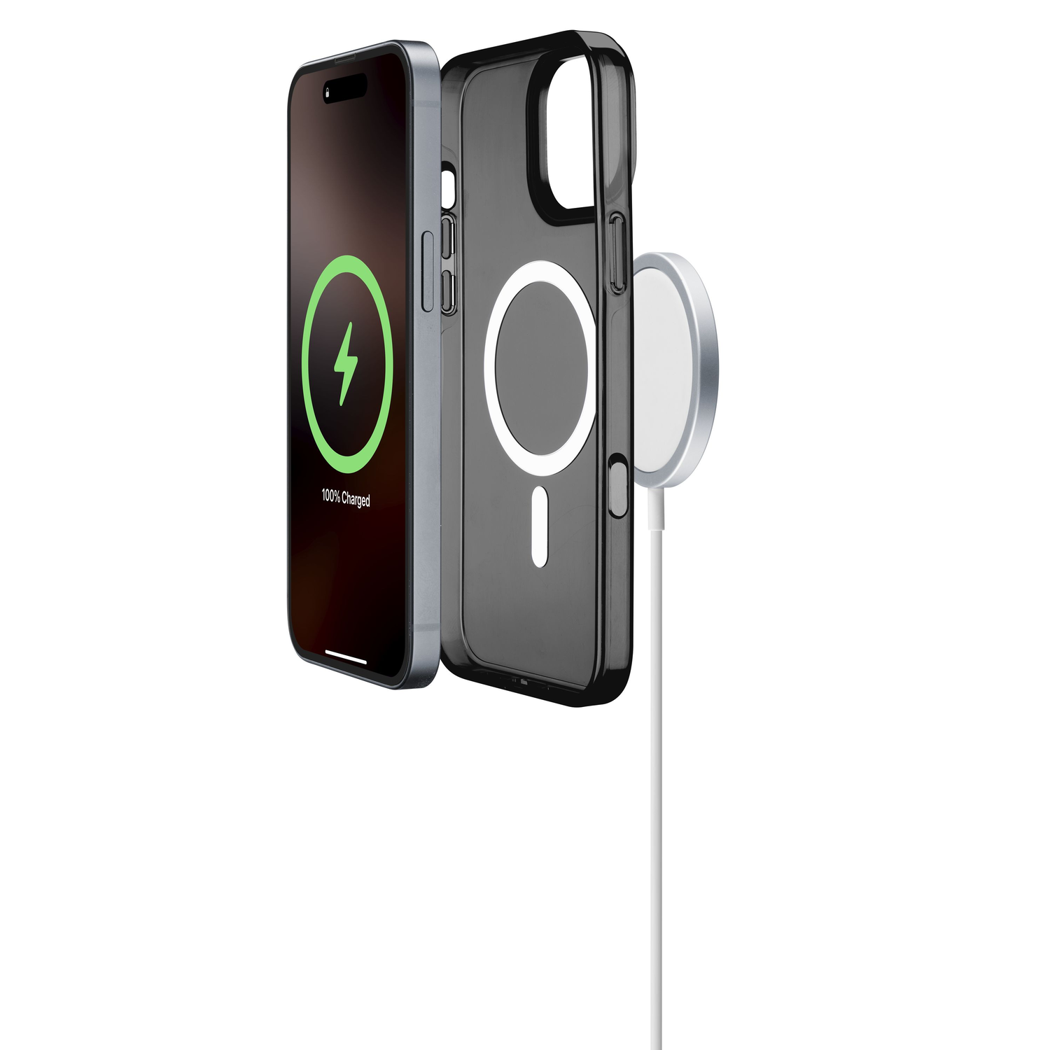 Phone charging and case. The phone has a green lightning bolt. The case has a white circle.