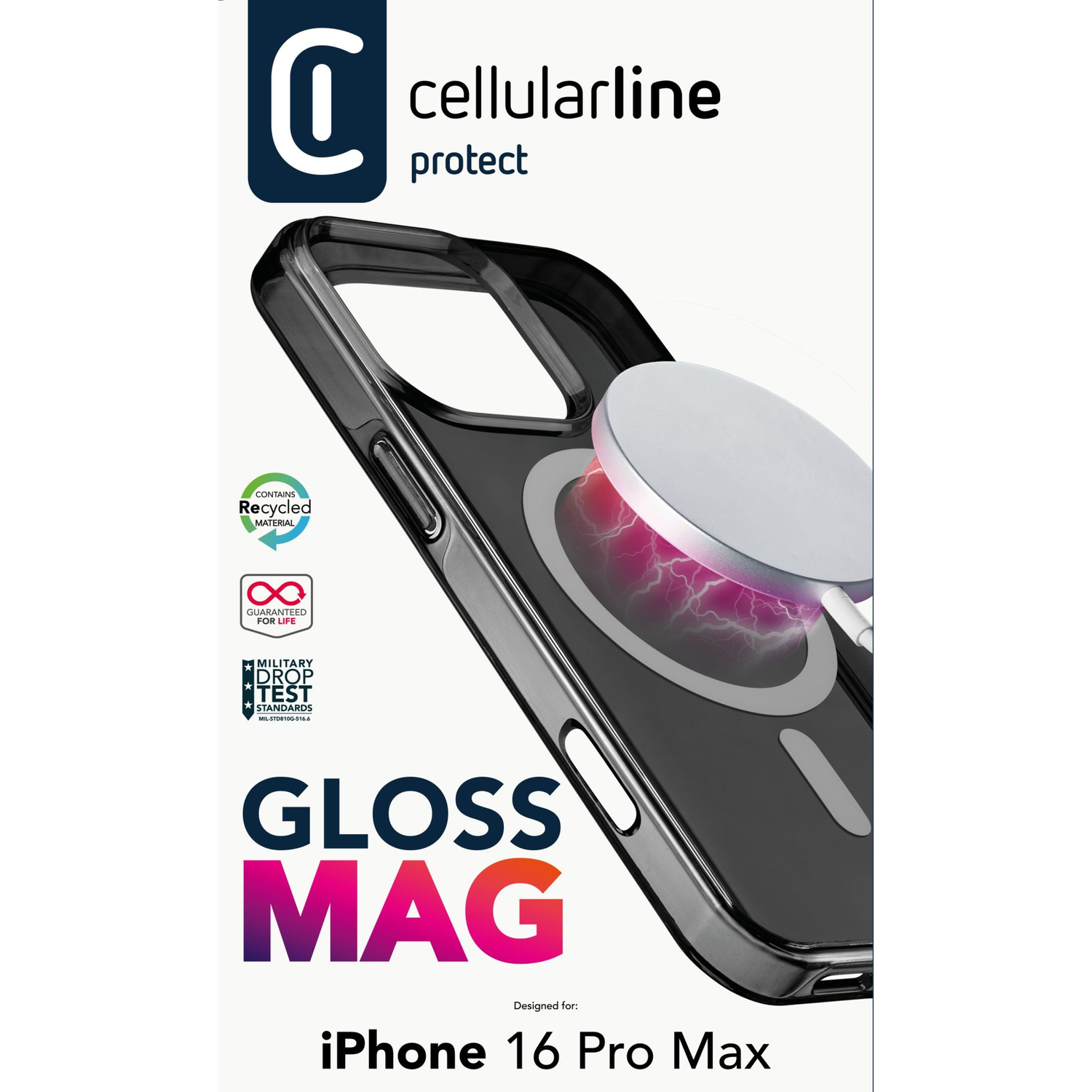 Black iPhone case with magnetic circle, text: GLOSS MAG, and iPhone model.